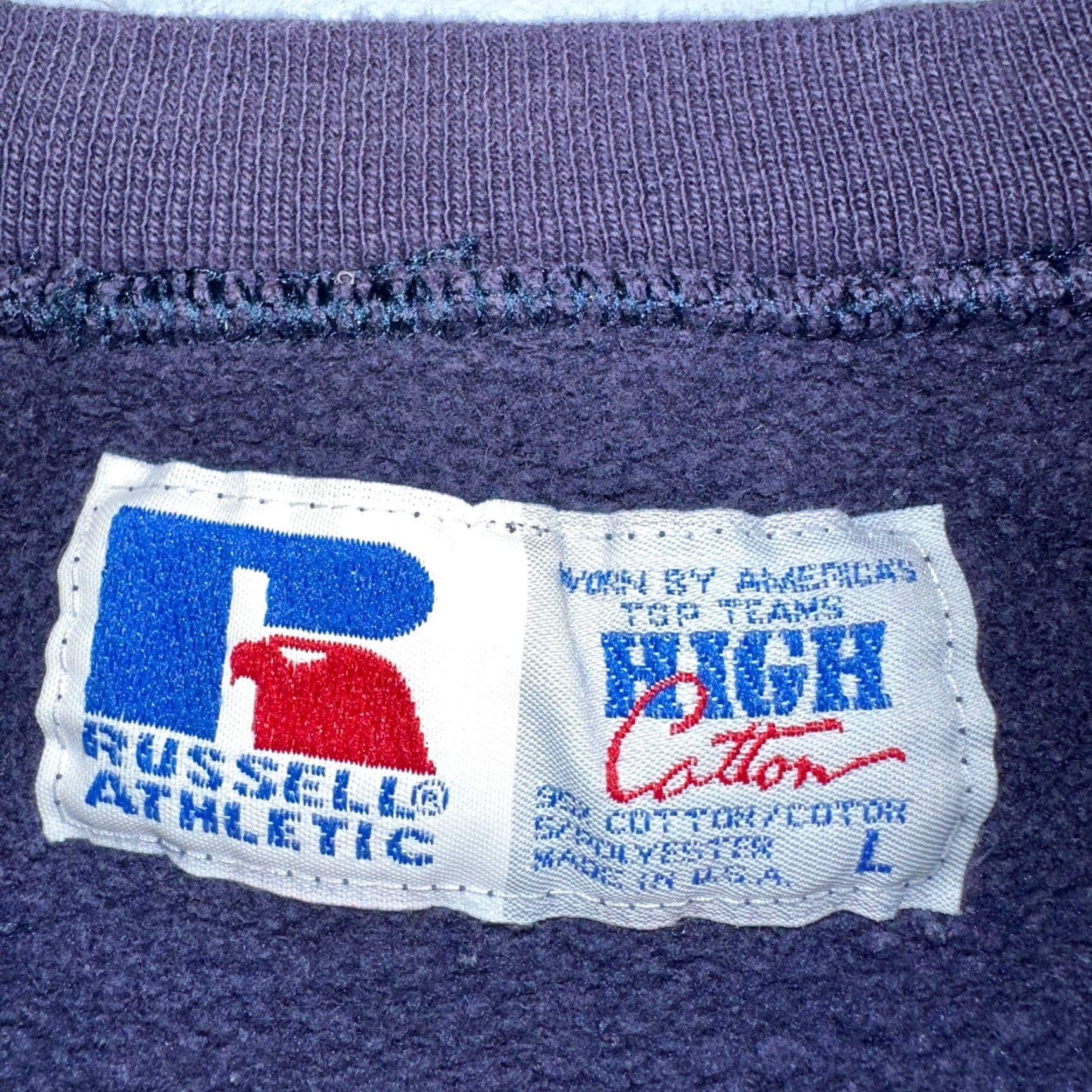 Russell Athletic VINTAGE Russell Athletic Sweatshirt Crewneck Purple Navy 80s 90s Jumper Warm Up V Mens/Unisex Adults L Purple Logo 90s Sweatshirt Pullover Size US L / EU 52-54 / 3 - 7 Thumbnail