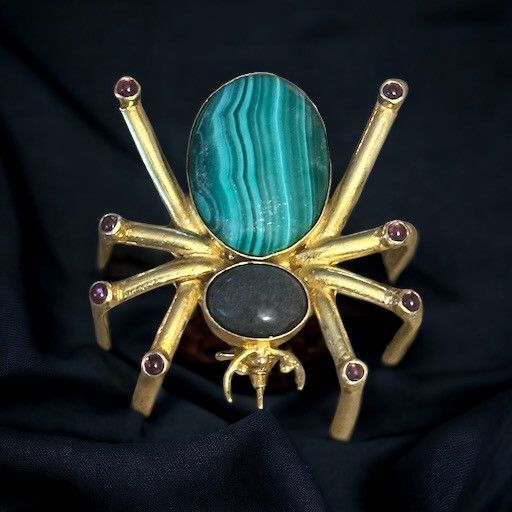 Vintage Malachite Onyx and Garnet spider brooch
