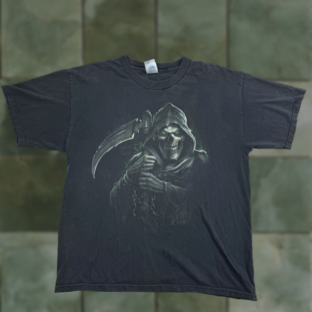 VINTAGE Grim Reaper Shirt Men's L Black Graphic Y2K Grunge Punk Shirt