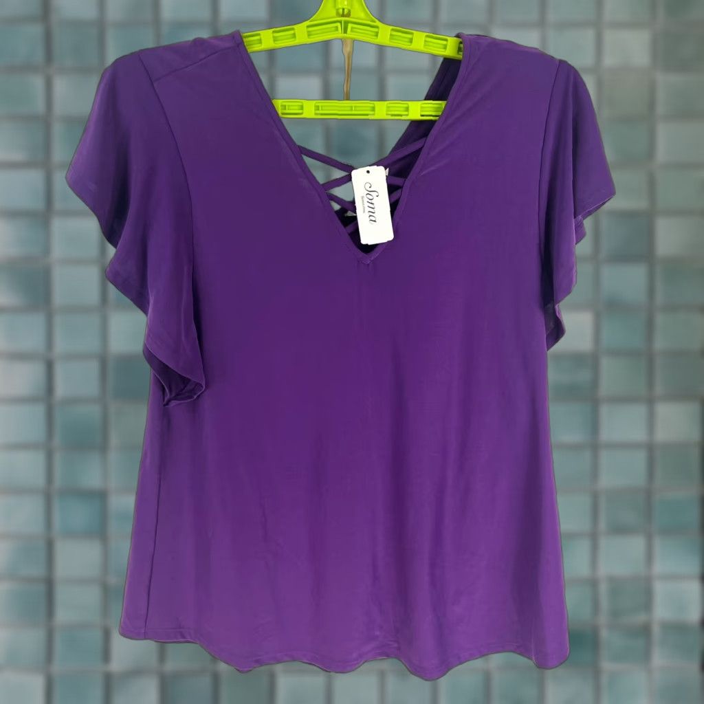 Vintage Soma Womens Knit Top Butterfly Purple XS Criss Cross Tunic Blouse Short Sleeve Round Neck Pullover Casual Workwear Party/Cocktail Vintage No Size XS / US 0-2 / IT 36-38 - 1 Thumbnail