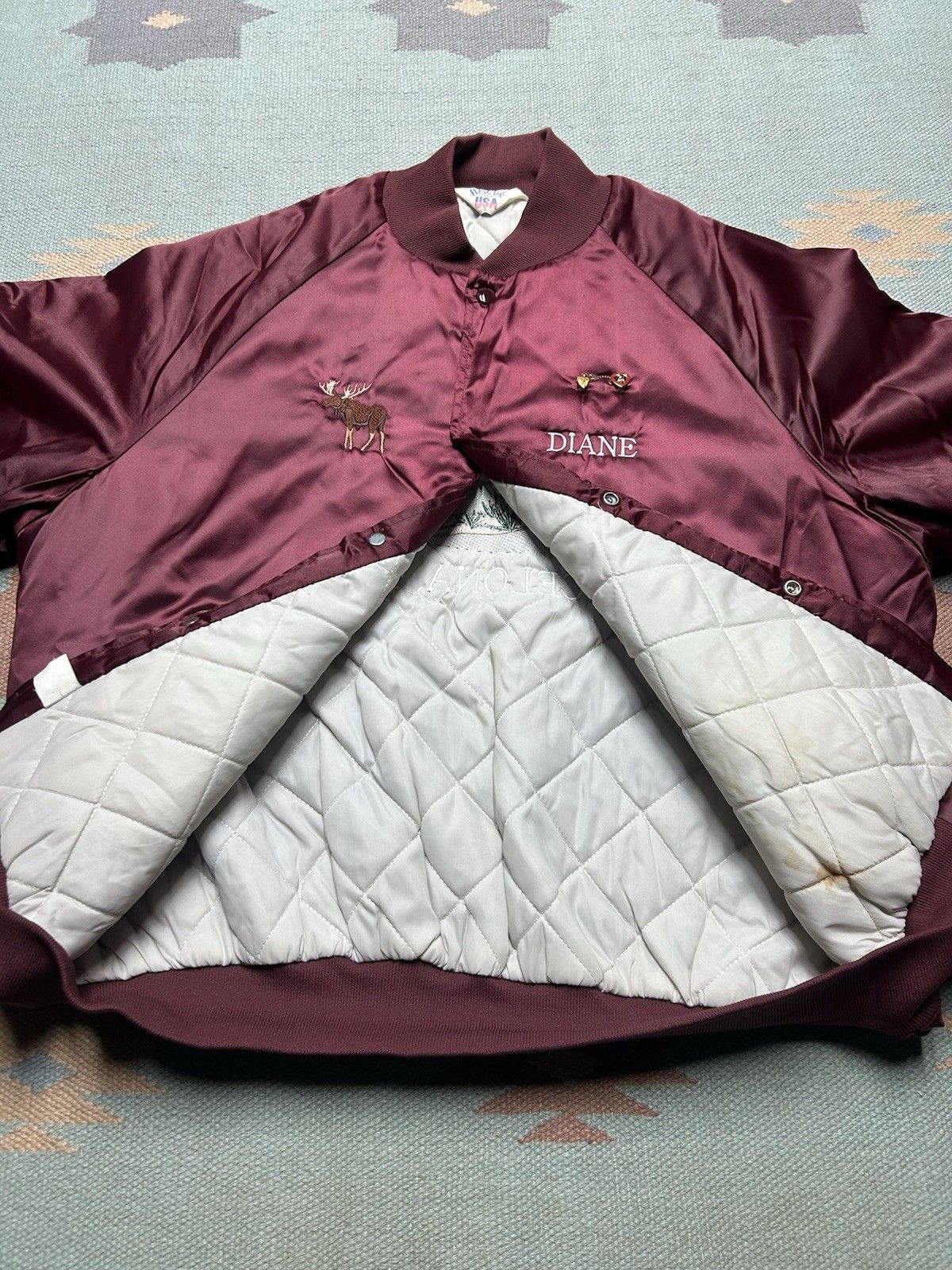 Vintage 80s satin bomber jacket Mancelona Michigan embroider moose L Size US L / EU 52-54 / 3 - 10 Thumbnail