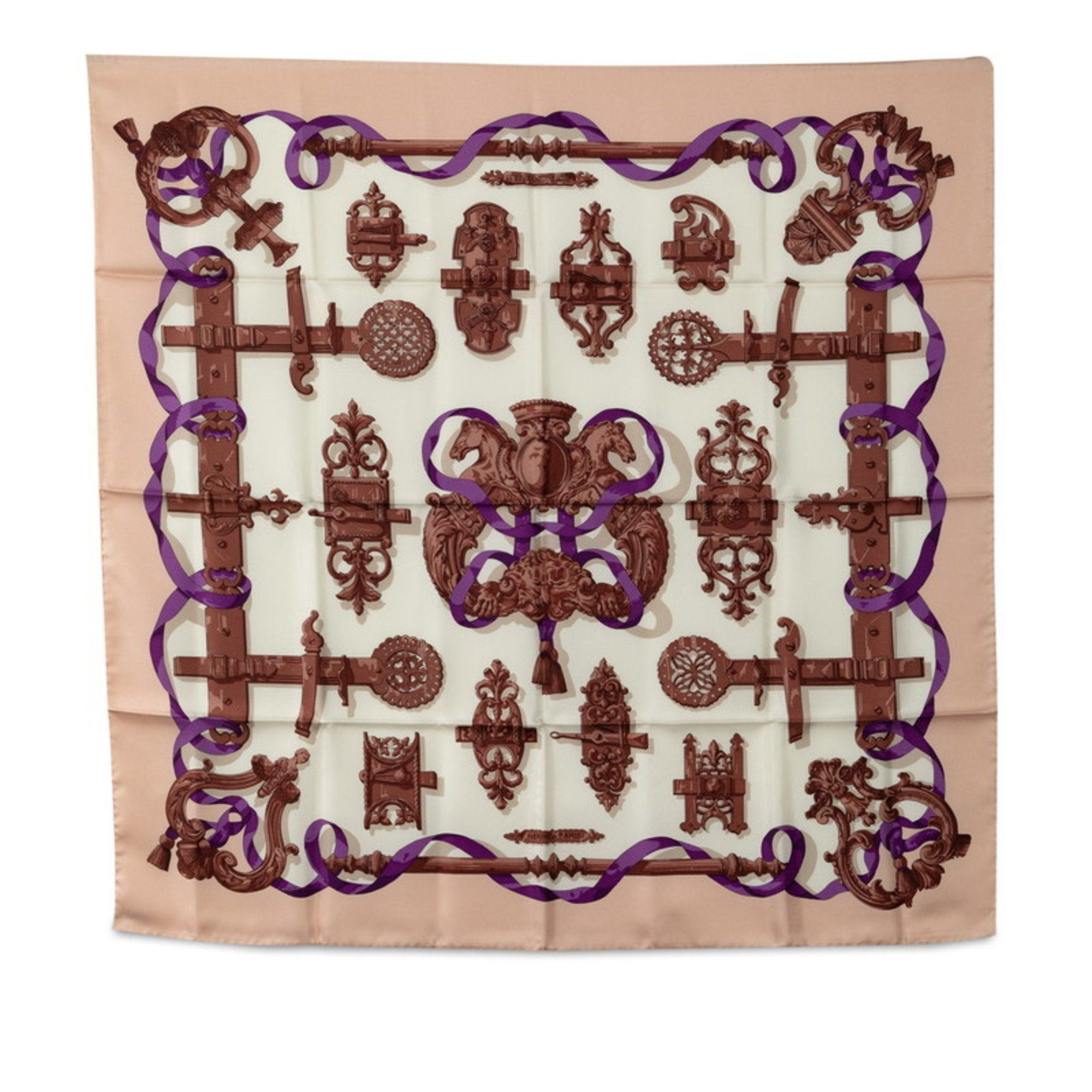 image of Hermes Carre 90 Ferronnerie Ironwork Scarf Muffler Pink White Multicolor Silk Women's in Black