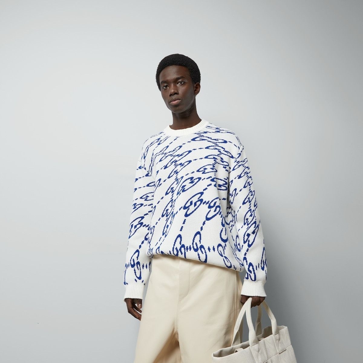 Gucci o1s1wg110225 Wavy GG Cotton Sweater in White & Blue Size US XXL / EU 58 / 5 - 5 Thumbnail
