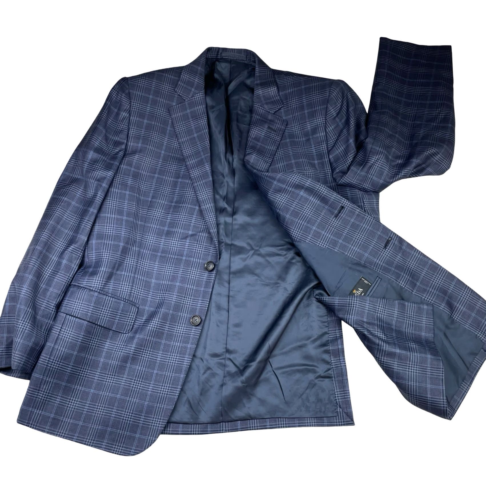 BREDA Bespoke Pete Fashions Blazer Jacket Navy Blue Plaid 42 Regular 100% Wool 2-Button Notch Lapel Mens Blazer Jacket Front Button Style: Two-Button Size 42R - 3 Thumbnail
