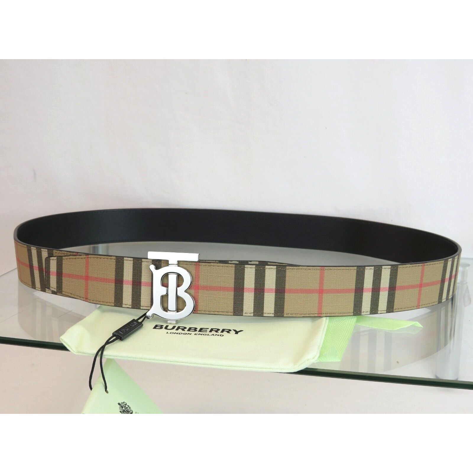 Burberry TB 35 BEIGE CHECK BLACK LEATHER REVERSIBLE LOGO BELT 90/36 Size 36 - 3 Thumbnail