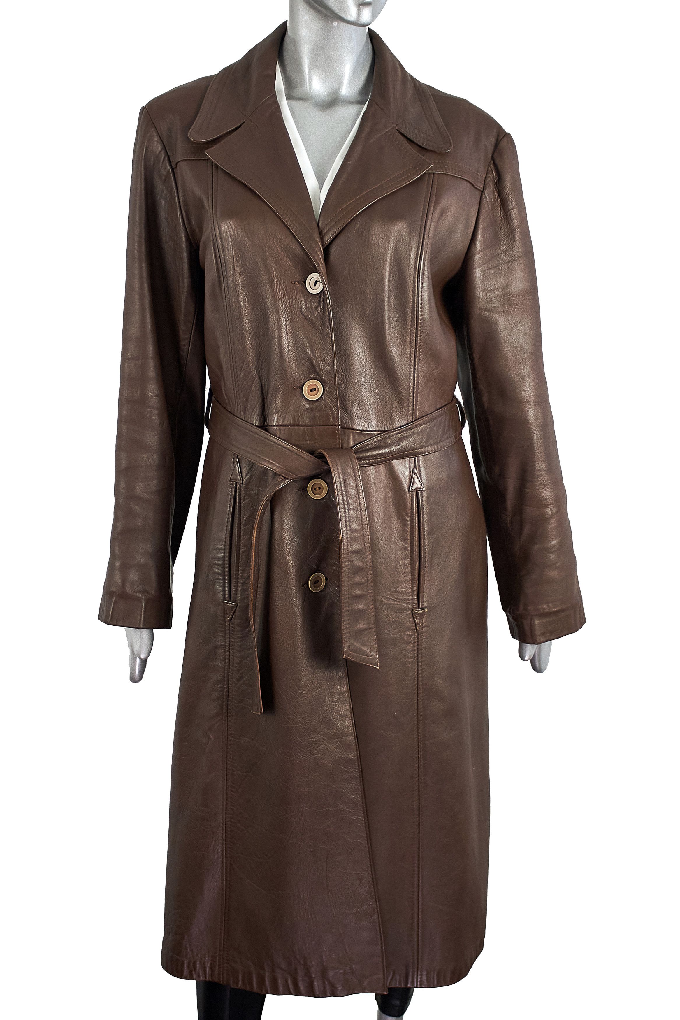 C&A Vintage 90s Brown Belted Leather Coat Trench Made in England Size M / US 6-8 / IT 42-44 - 3 Thumbnail