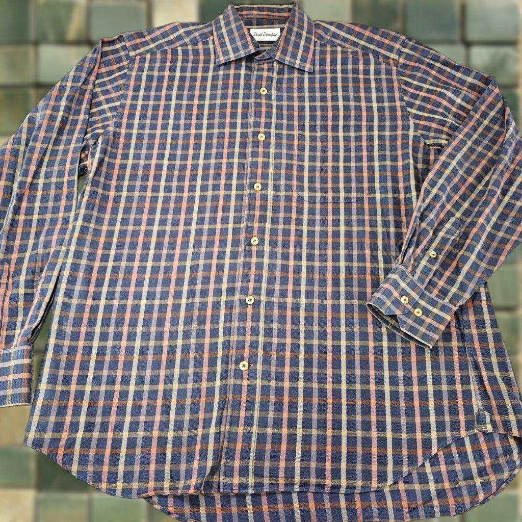 David Donahue David Donahue Dress Shirt Mens Size Large Navy Brown Plaid Button Up Long Sleeve Size 42R - 1 Thumbnail
