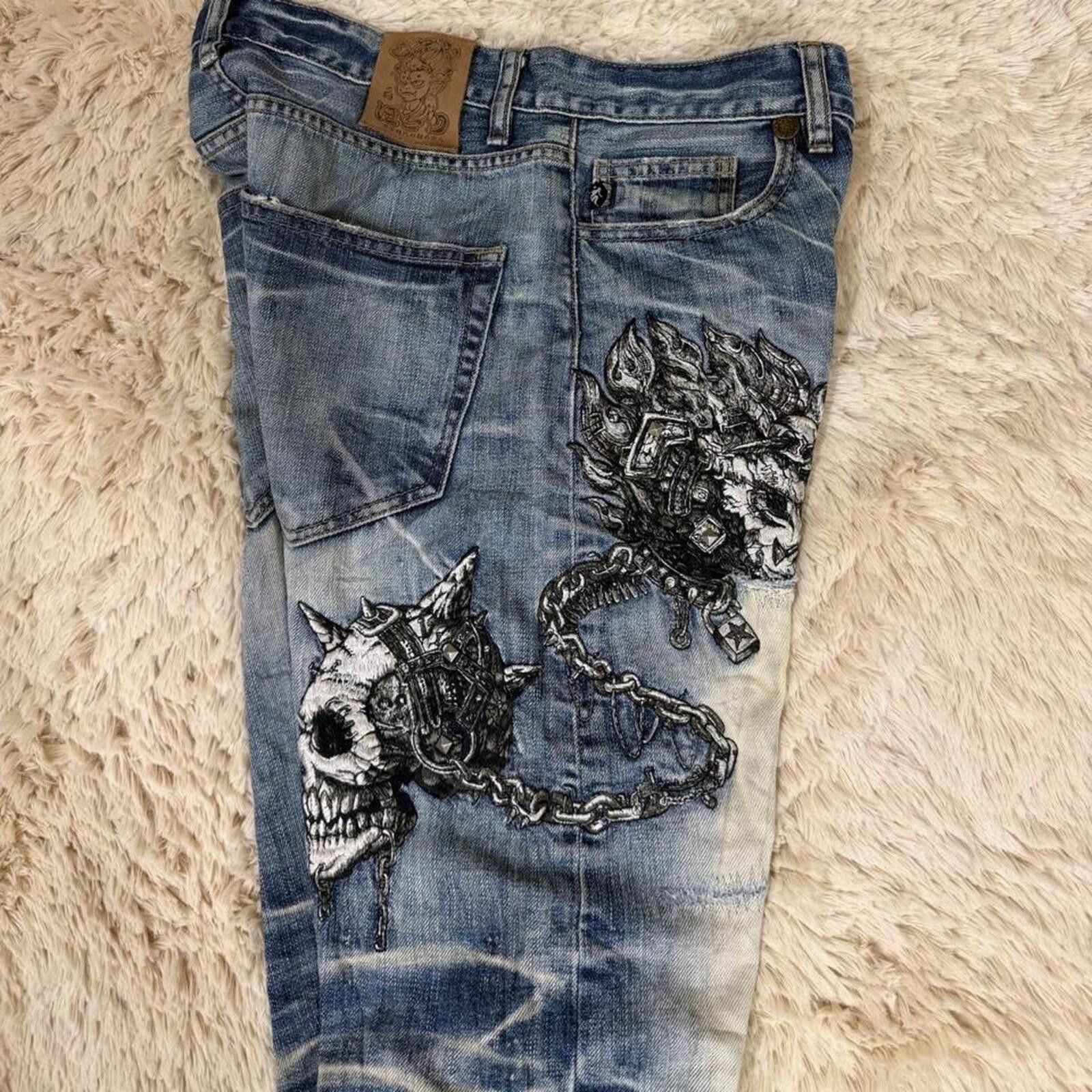 Other RARE Y2K VINTAGE EMBROIDERED JIZO CHAIN SKULL DENIM JEANS Size US 30 / EU 46 - 5 Thumbnail