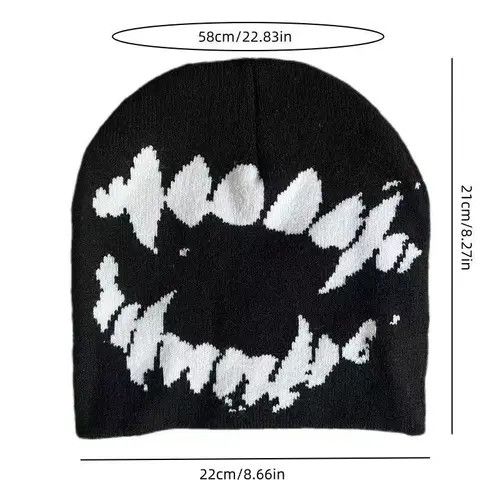 VIBE Vampire Dracula Teeth Pattern Beanie Hat y2k Black Size ONE SIZE - 4 Thumbnail