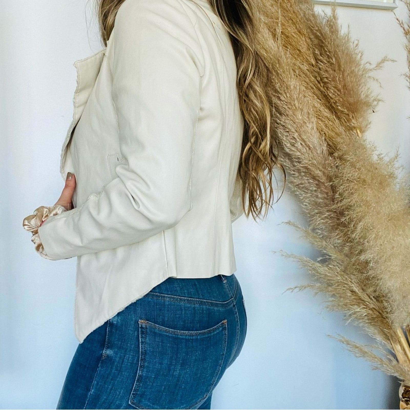 Vintage VINTAGE Cream White Faux Leather Sweater Knit Open Jacket Size S / US 4 / IT 40 - 2 Thumbnail