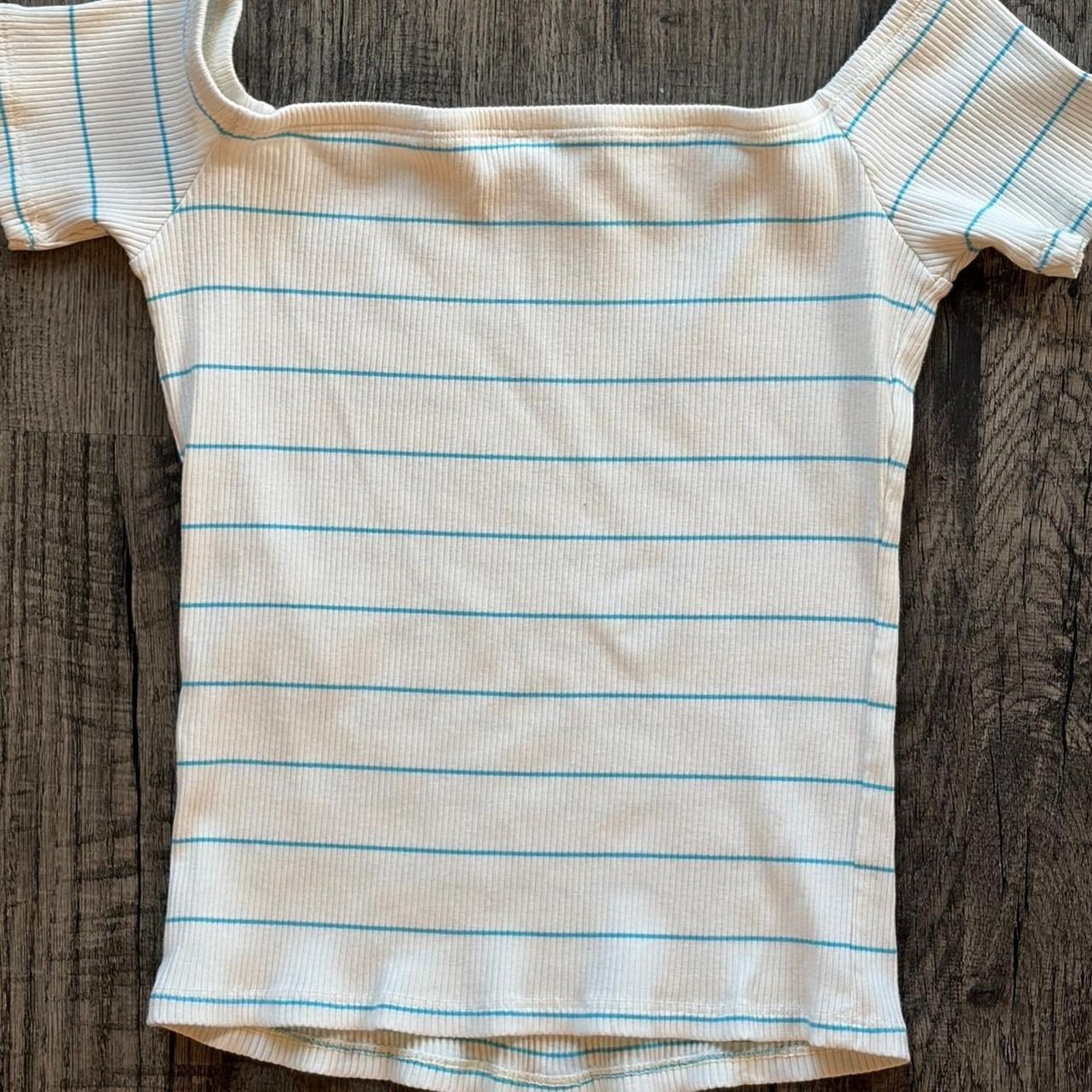 Levi's White & Blue Striped Levi's Off the Shoulder Top - Size: S Size S / US 4 / IT 40 - 4 Thumbnail