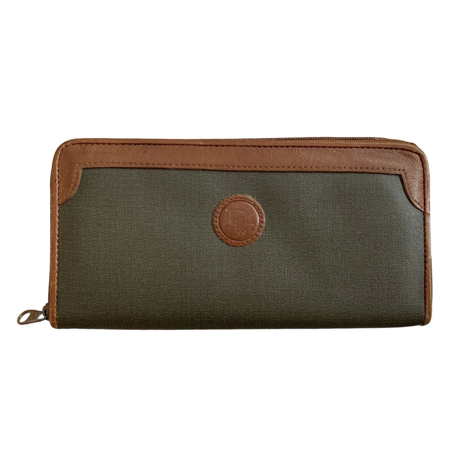 image of Christian Dior Vintage Wallet Olive Brown Leather Logo in Green, Women's