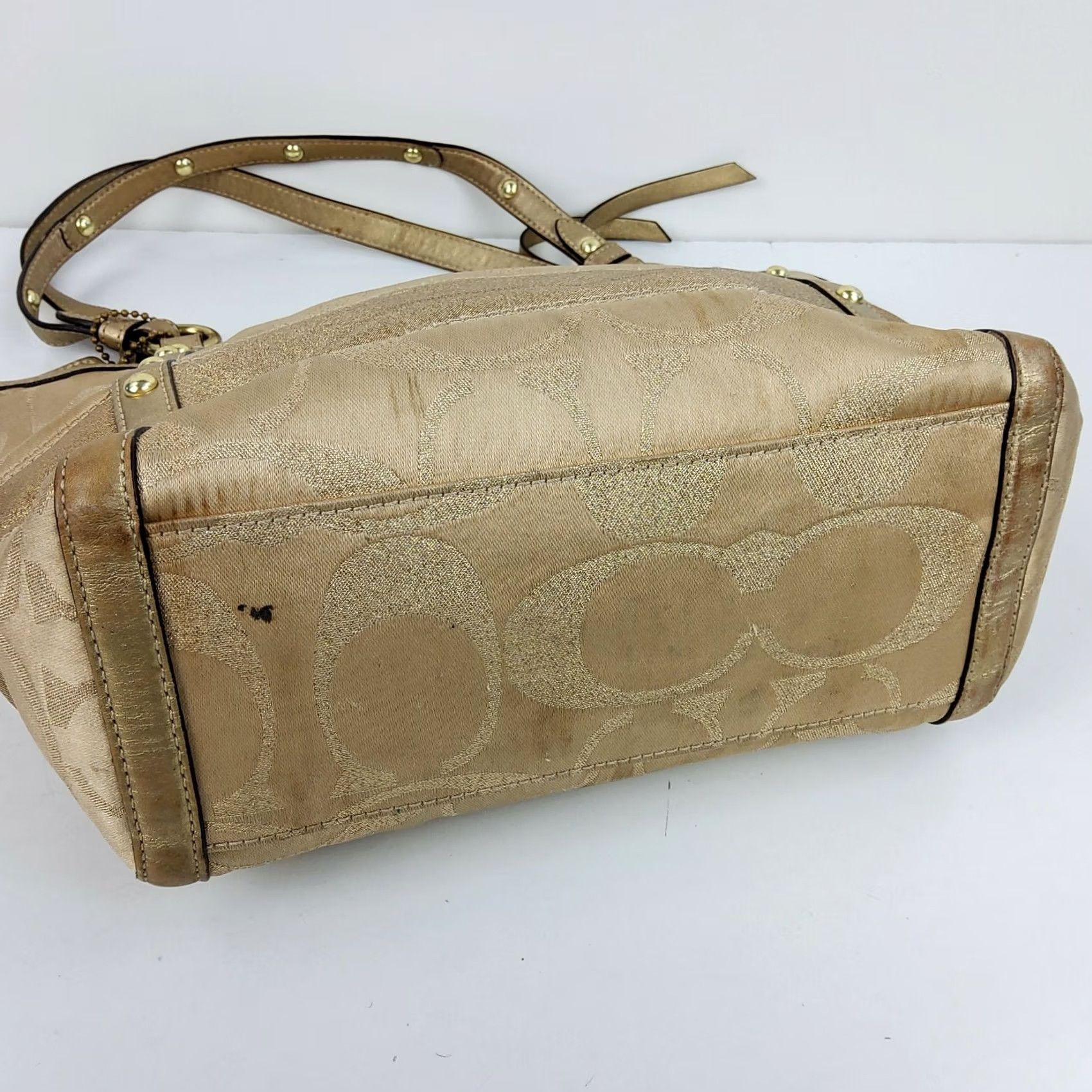 Coach Coach Signature Stripe Studded Lurex Tote Gold 12905 Shoulder Handbag Purse, Medium, Women, Tote, Gold, Striped, Bag Charm Size ONE SIZE - 4 Thumbnail