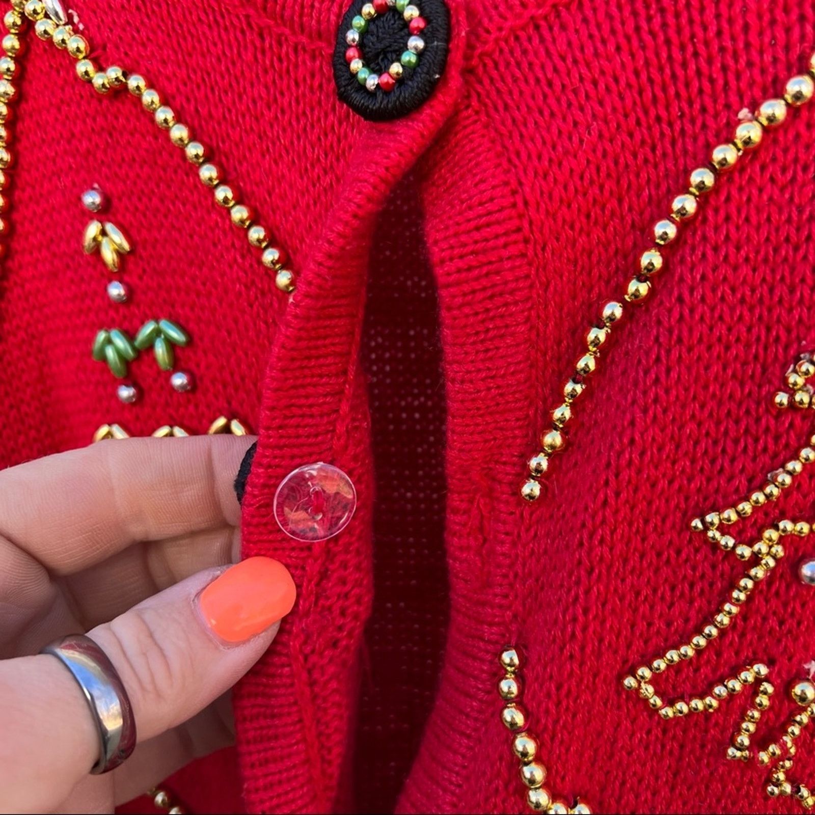 Vintage 90s red button down Ugly Christmas cardigan beaded trees Size XXL / US 16-18 / IT 52-54 - 5 Thumbnail