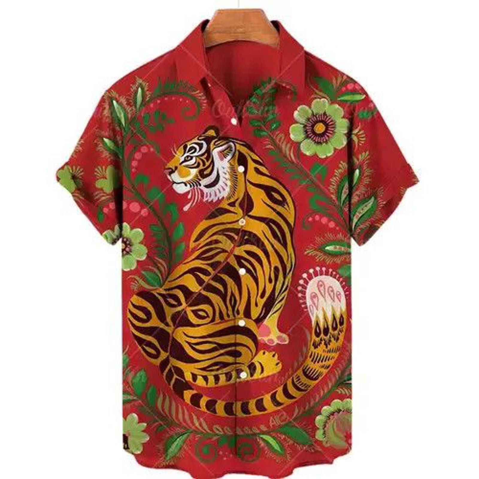 Hawaiian Color Tiger Print Chinese Summer Shirt