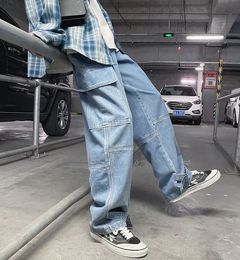 image of Distressed Denim Lite Blue Loose Straight Baggy Denim Pant, Men's (Size 29)