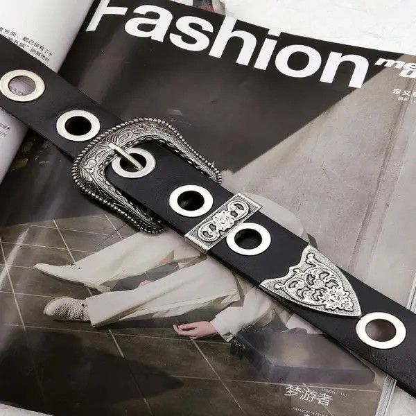 Other Black Leather Eyelet Belt with Decorative Buckle Size ONE SIZE - 4 Thumbnail