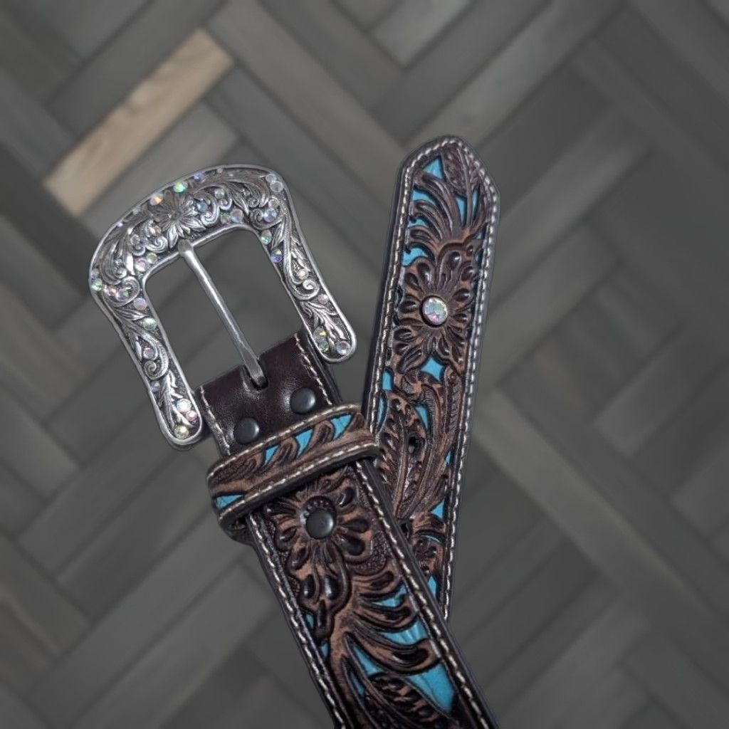 Ariat VINTAGE Ariat belt TOOLED leather WESTERN floral STUDDED buckle 30 brown belt Adult Men XS? Size 30 - 1 Thumbnail