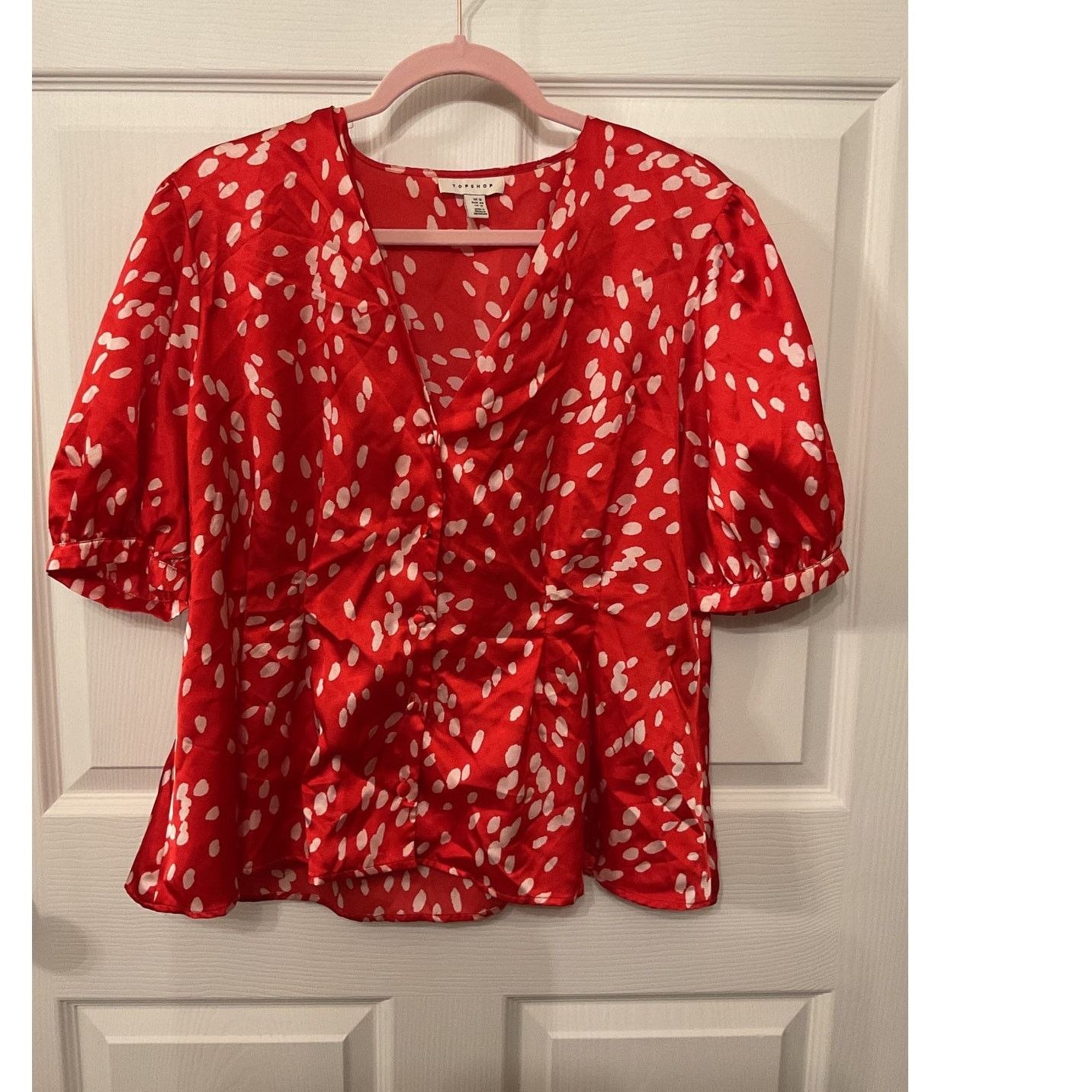 Topshop Topshop Dalmation Print Red Satin Pleated Blouse, 12 Size XL / US 12-14 / IT 48-50 - 4 Thumbnail