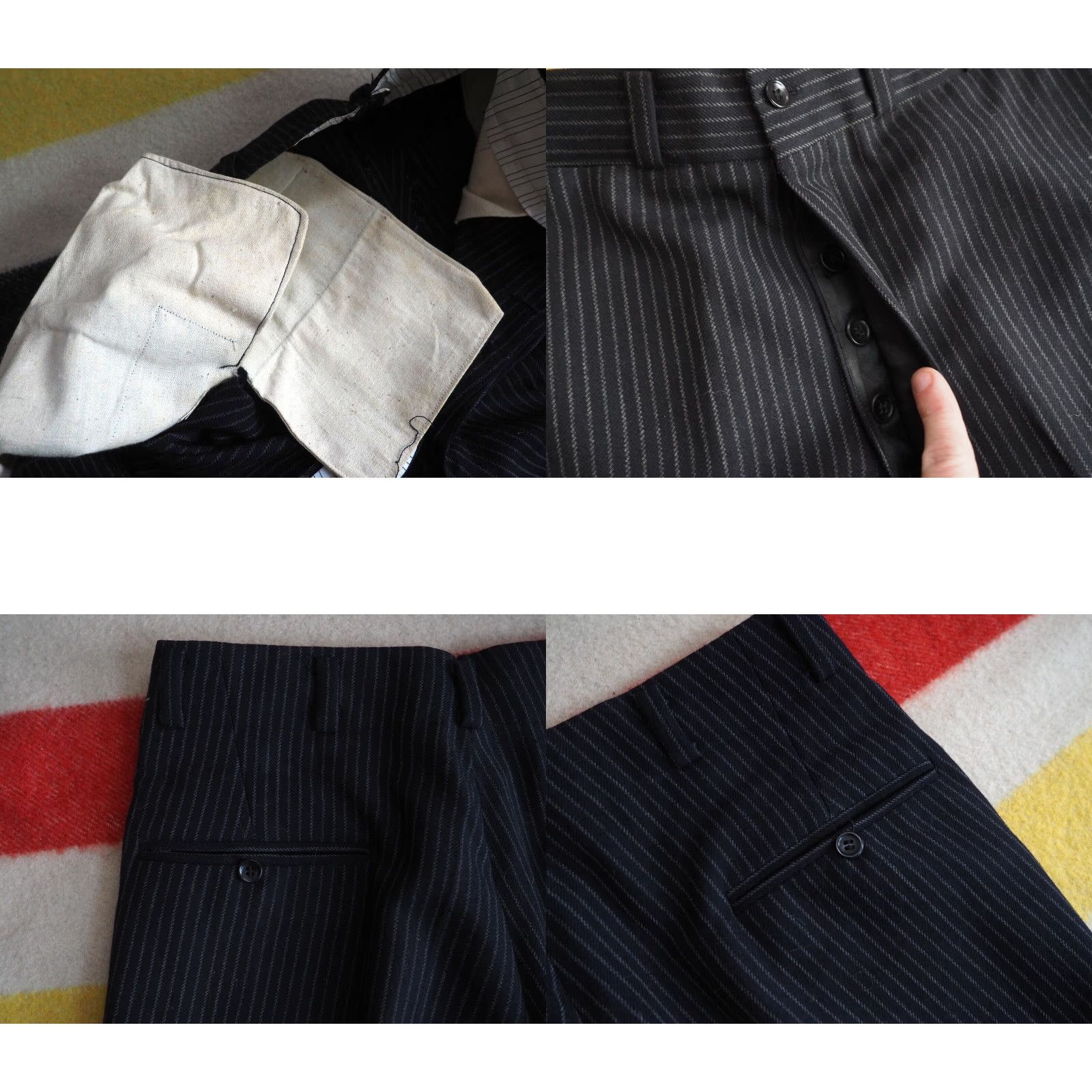 Vintage VTG 1930s Star Hook Black Gray Pinstripe Wool Pants 32x32 Straight Leg Flat Front Rockabilly Button Fly Mens Size US 32 / EU 48 - 8 Thumbnail
