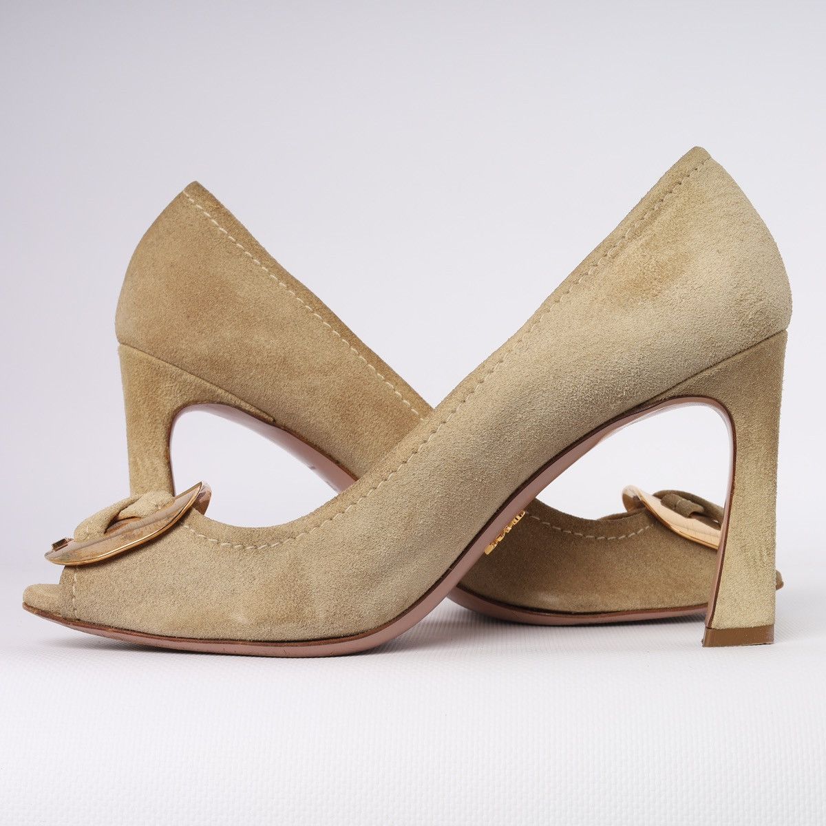 Prada Prada Beige Suede Peep-toe Pumps gold-tone Buckle Block Heel Size US 6.5 / IT 36.5 - 12 Thumbnail