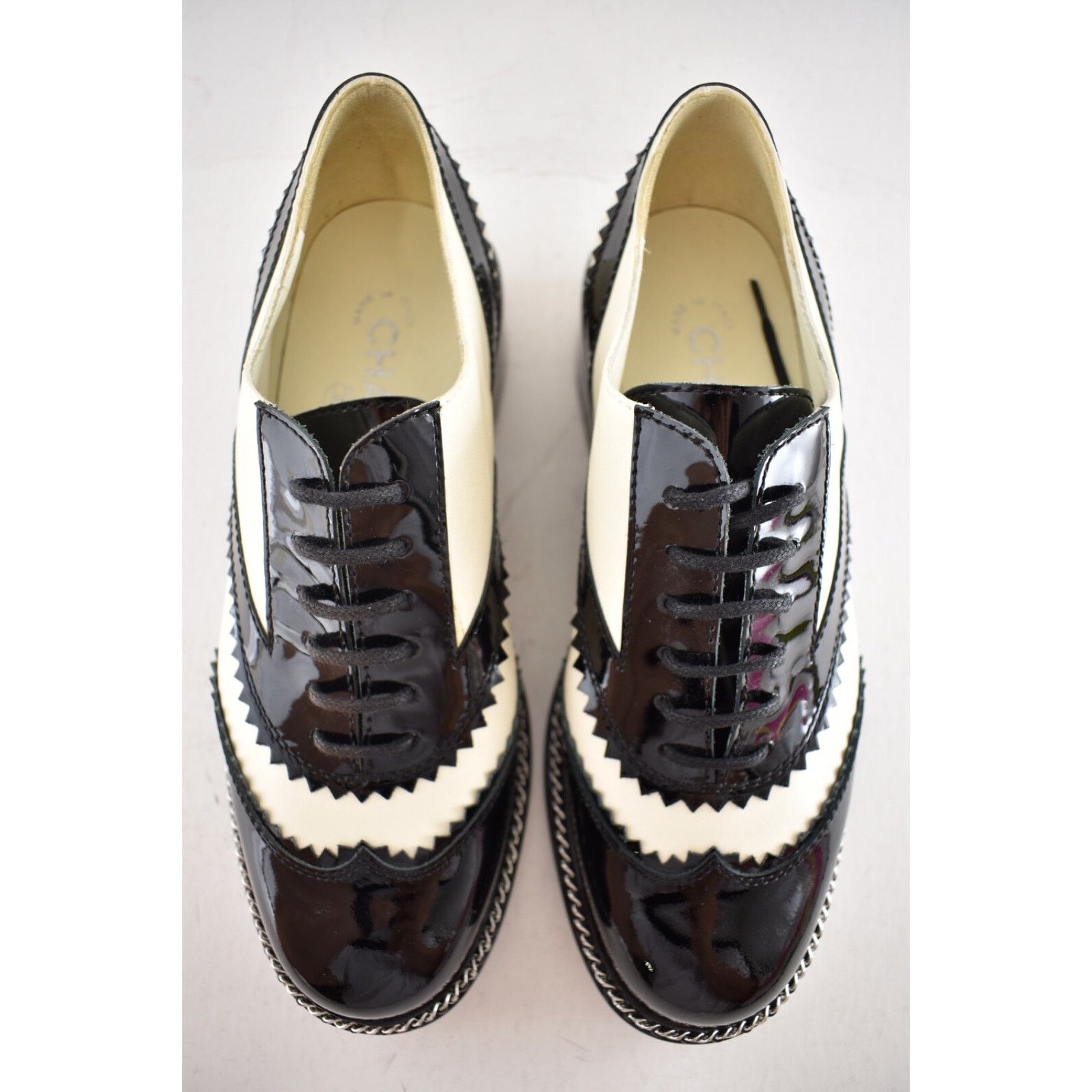 Chanel Chanel 19K Black White CC Logo Chain Around Lace Up Tie Size US 6.5 / IT 36.5 - 7 Thumbnail