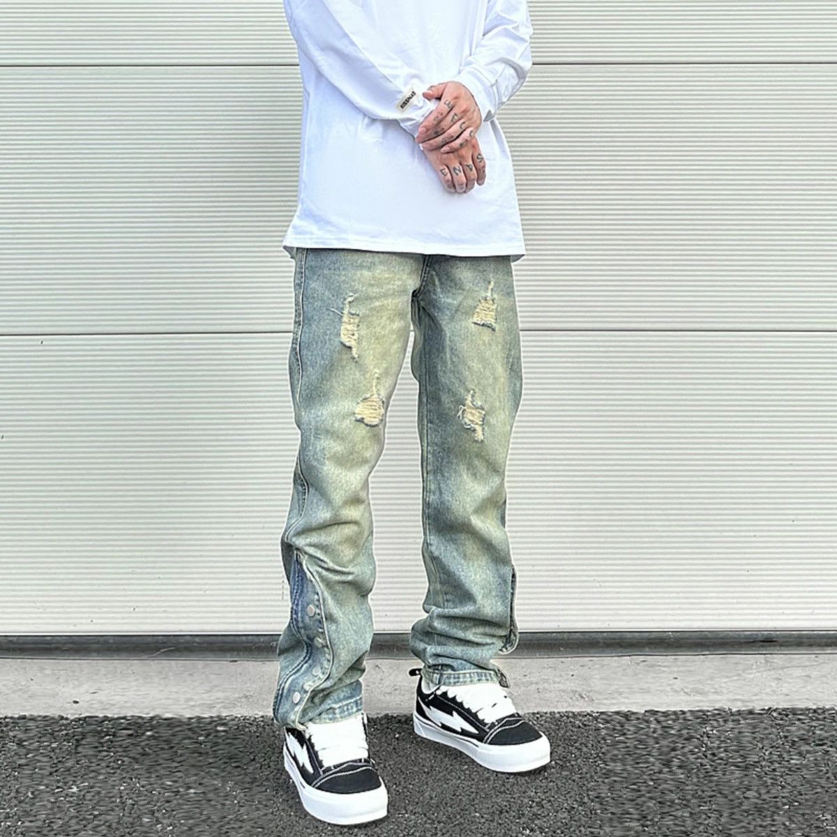 Blue Washed Relaxed Fit Side Zipper Buckle Tapered Jeans