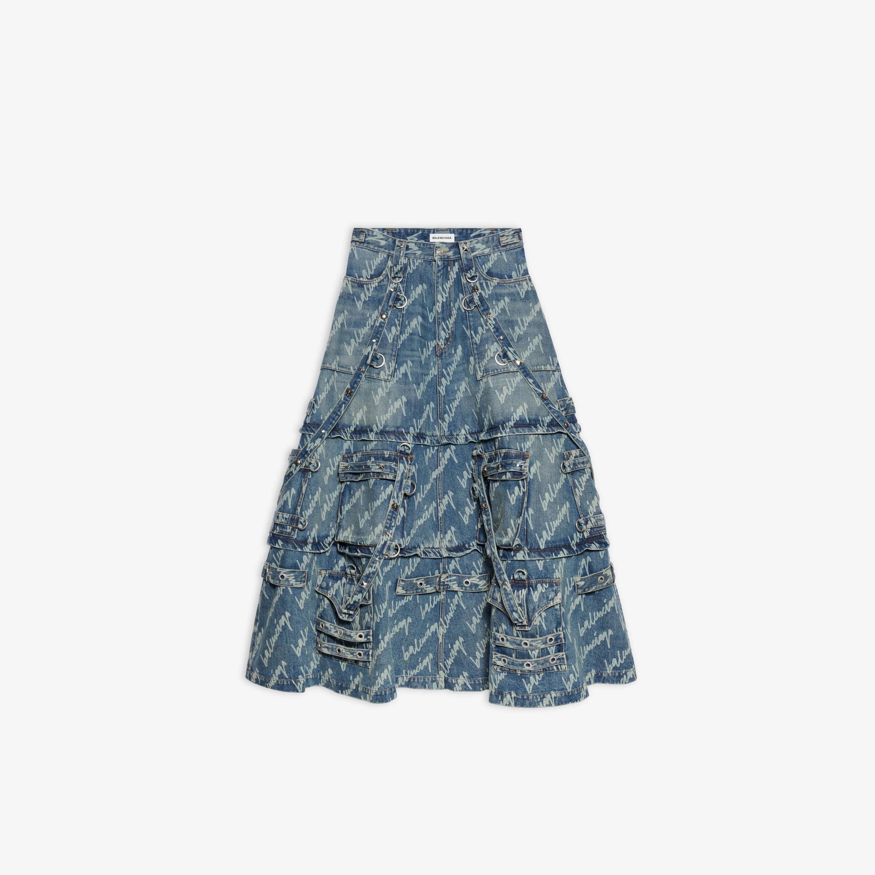 Balenciaga o1bcso1str0924 Allover Logo Maxi Raver Skirt in Blue Size 27" / US 4 / IT 40 - 1 Thumbnail