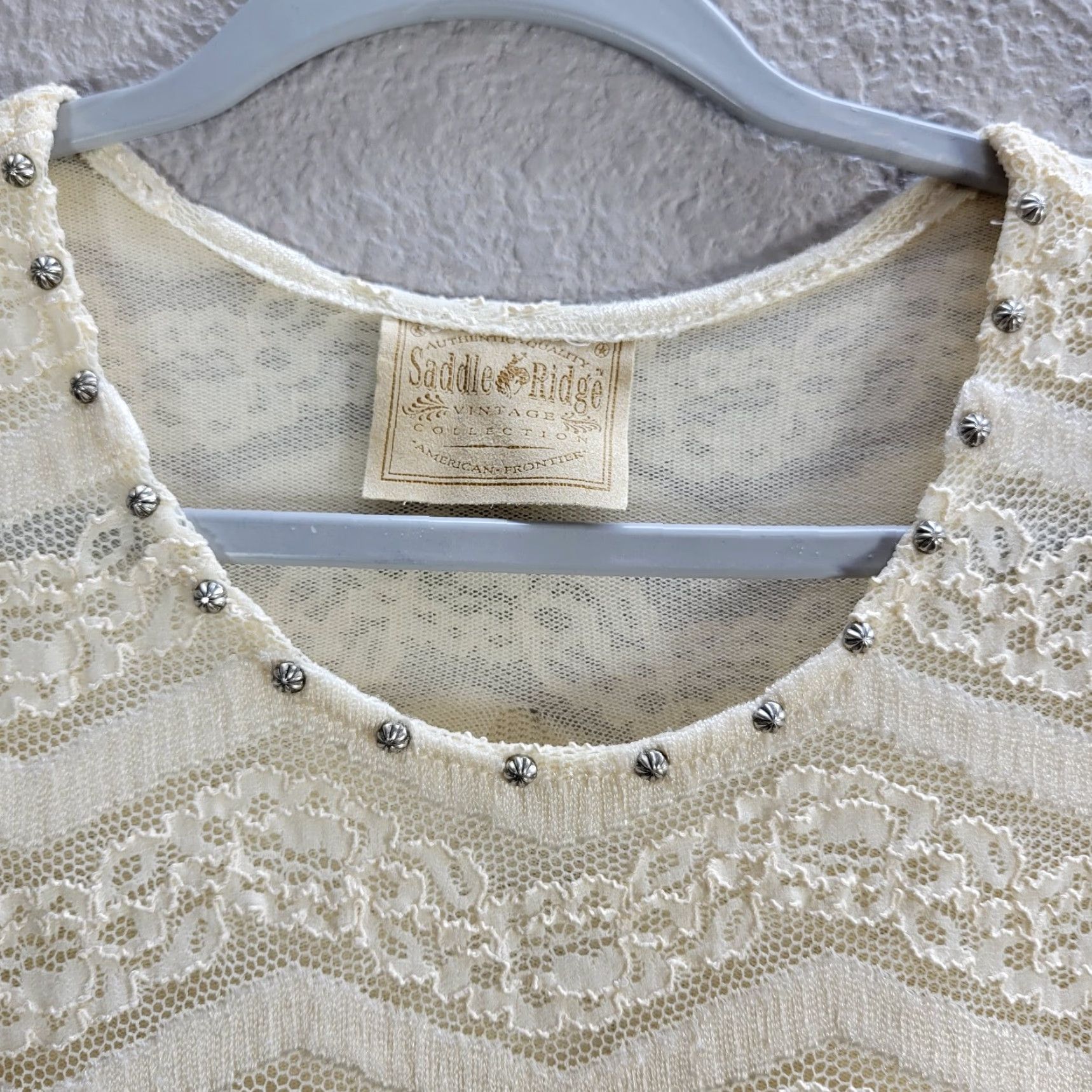 Vintage Saddle Ridge Cream Lace Studded Collar Sleeveless Top Western Nylon Rayon XL Cropped Tank Women Womens Shirt Size XL / US 12-14 / IT 48-50 - 6 Thumbnail