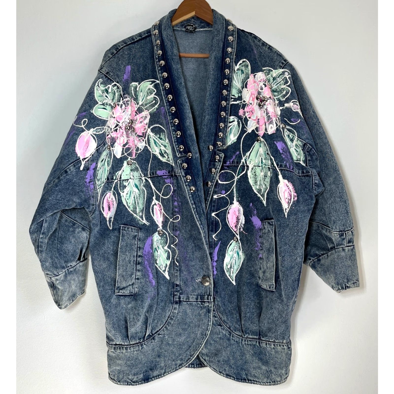 Denime VINTAGE Women's Denim Jacket Americana 80s Floral Blue Size L Jacket Womens 80s Americana Floral Denim Pockets Size L / US 10 / IT 46 - 2 Thumbnail