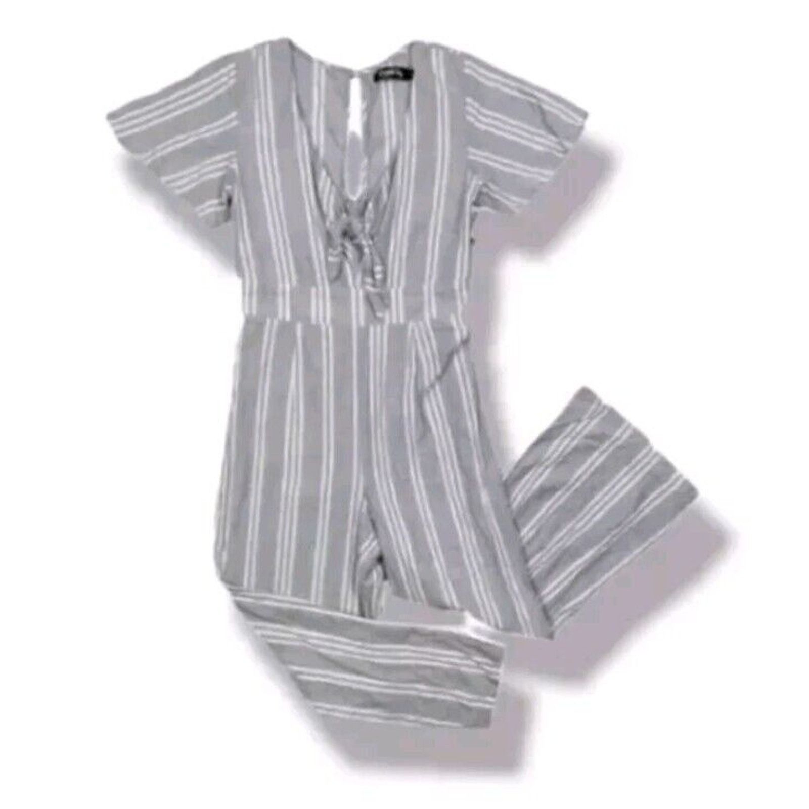 Zara Deep V Jumpsuit Romper Blue Stripe Open Back Wide Leg XS 3 Size 24" / US 00 / IT 34 - 7 Thumbnail