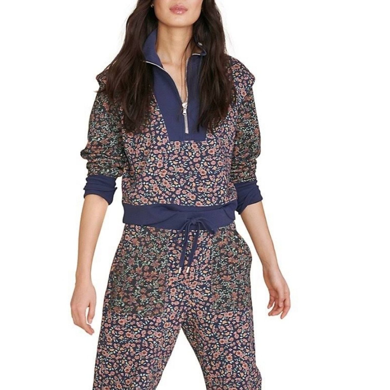Veronica Beard Dylan Floral Half ZipSweatshirt Navy Multi
