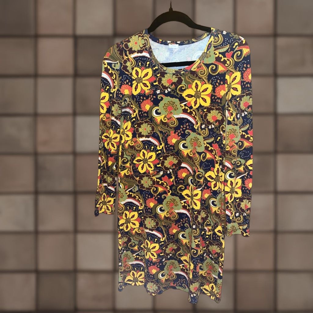 J.Crew VINTAGE J.Crew A-Line Paisley Floral Dress XS Dark Blue Yellow Cotton Blend Round Neck Long Sleeve Knee-Length Bohemian 90s Womens Size XS / US 0-2 / IT 36-38 - 1 Thumbnail