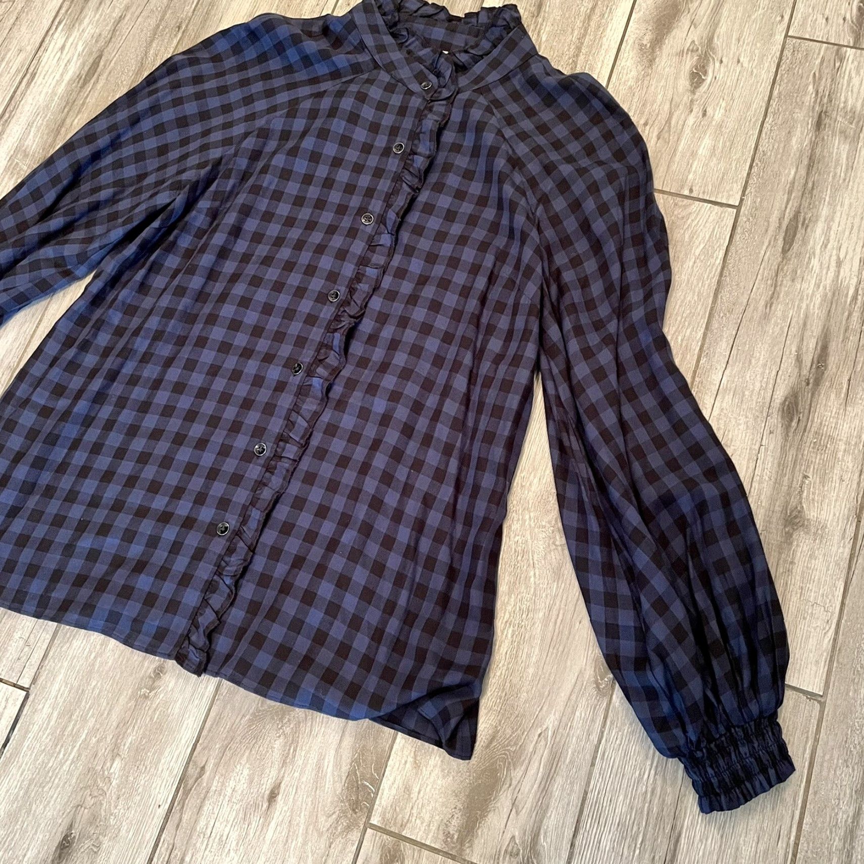 Vintage Cabi Aberdeen Blue Black Plaid Buffalo Check Ruffle Blouse Top S Shirt Womens Small Size S / US 4 / IT 40 - 3 Thumbnail