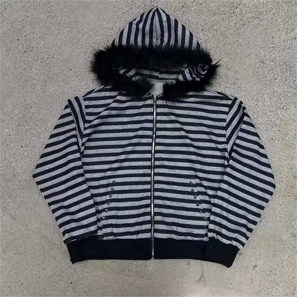 Japanese Brand Striped Fur Hood Jacket Size US L / EU 52-54 / 3 - 4 Thumbnail