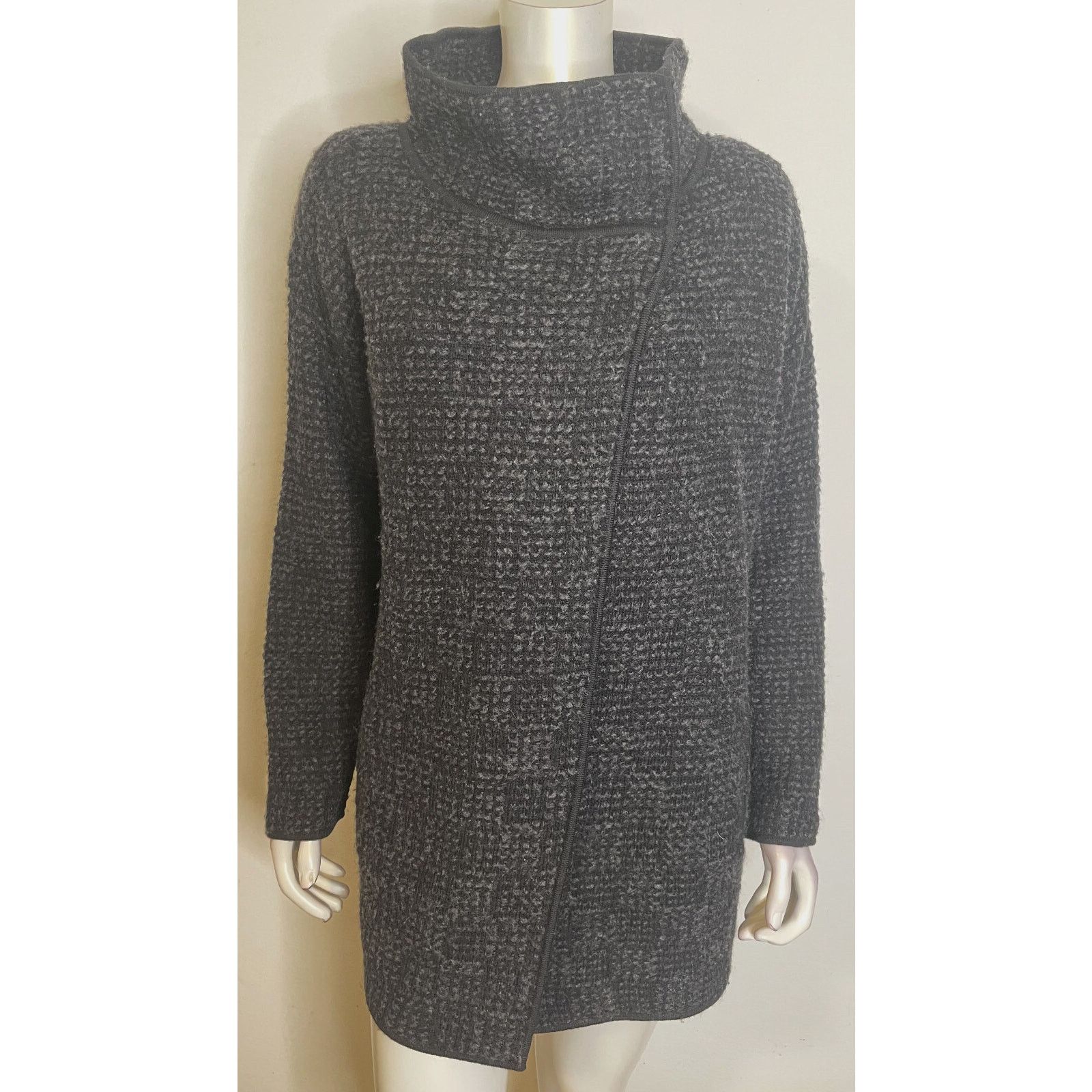 Eileen Fisher Gray Black Tweed Wool Jacket L Stand Collar
