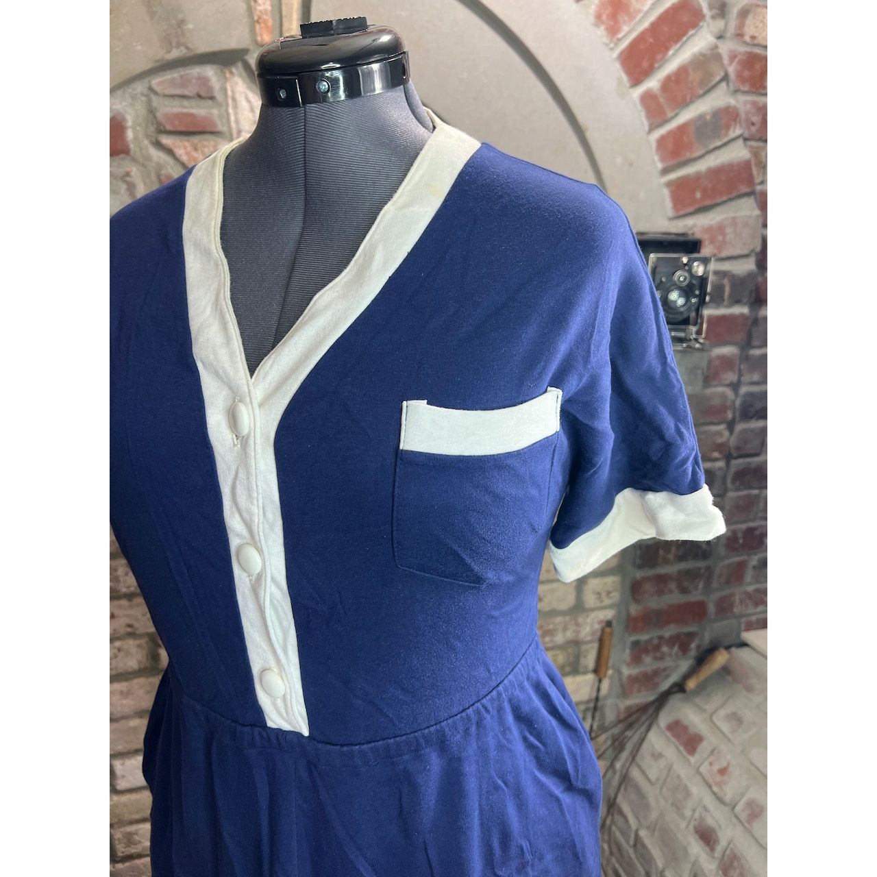 Vintage dress knit swing skirt pockets navy blue white casual Size M / US 6-8 / IT 42-44 - 3 Thumbnail