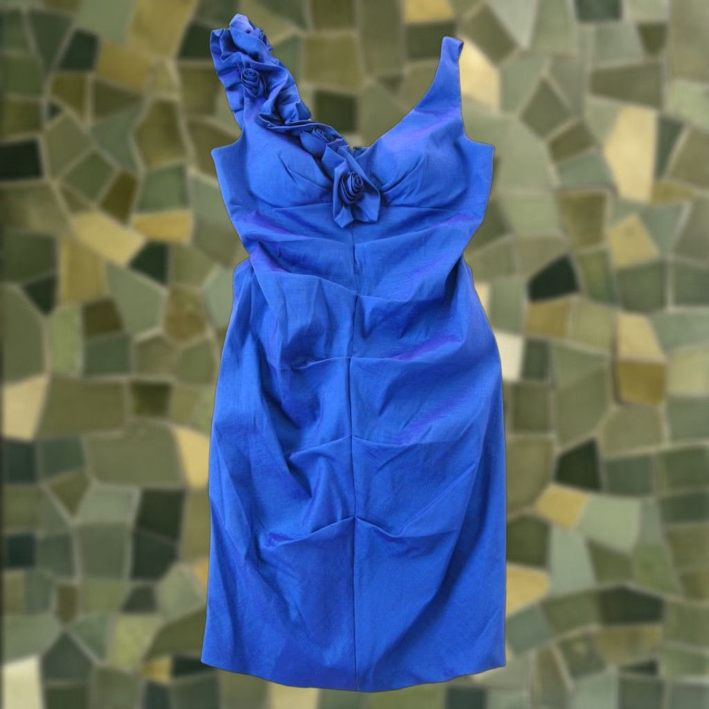 Vintage VINTAGE S.L. Fashions Blue Satin Stretch Floral Bodycon Tank Party Prom Dress 12 Size XL / US 12-14 / IT 48-50 - 1 Thumbnail