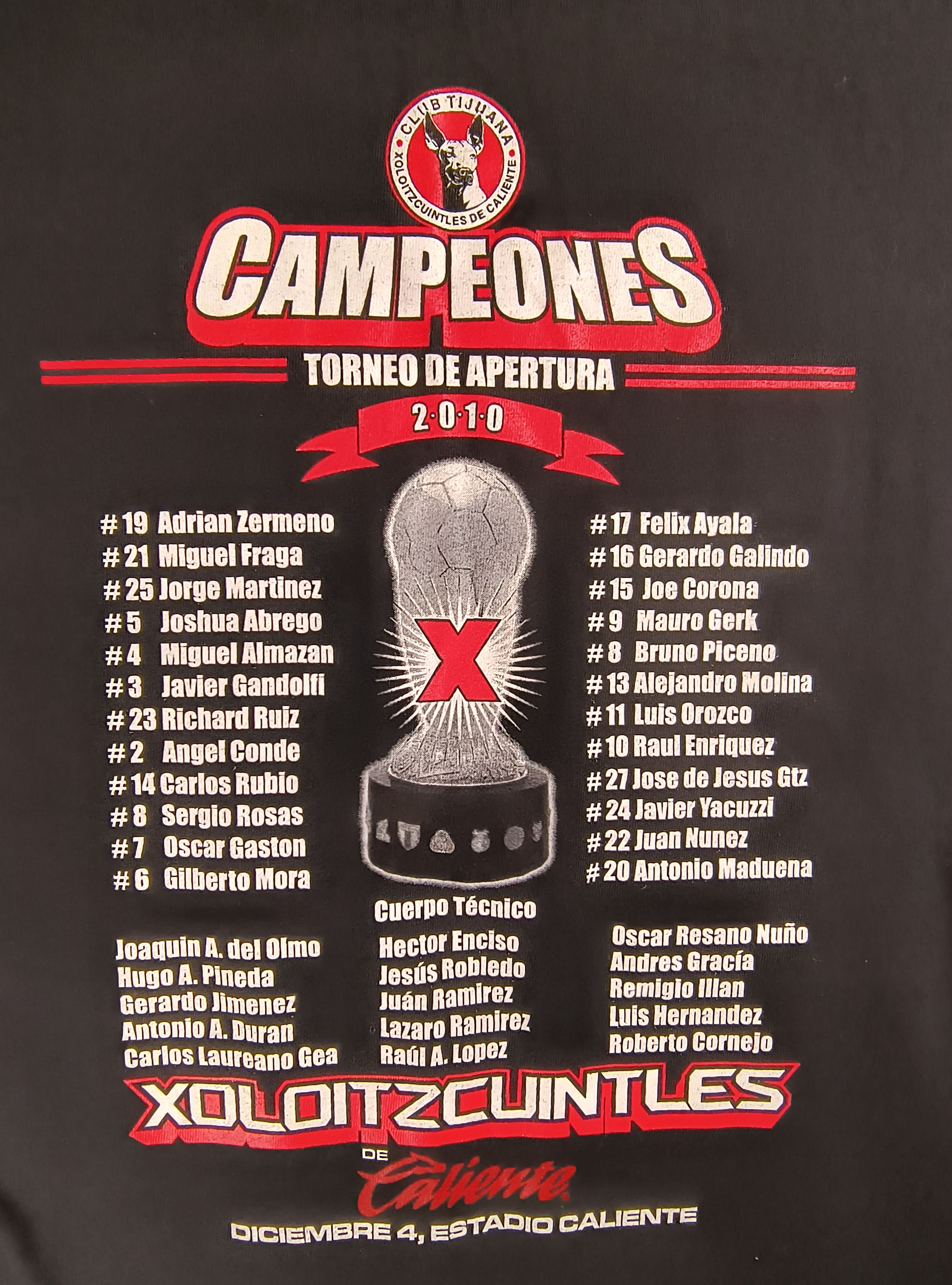AAA Xoloitzcuintles de Tijuana campeones Liga MX apertura 2010 Size US XL / EU 56 / 4 - 1 Thumbnail
