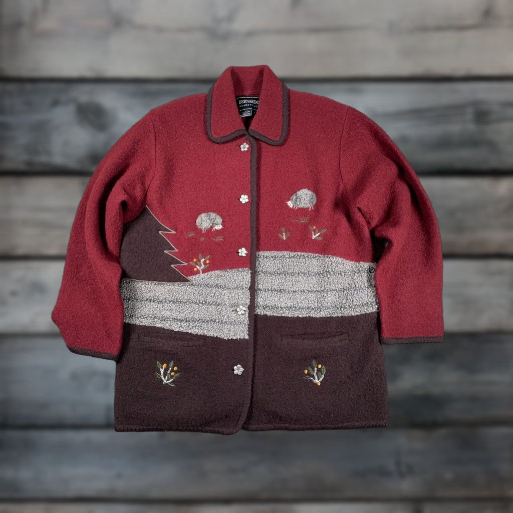 Vintage Bernardo Wool Jacket Women's Medium Dark Red Geometric Outdoor Embroidered 90s Relaxed Pockets Button Front Unlined Casual Knit Fabric Coat Short Size M / US 6-8 / IT 42-44 - 1 Thumbnail