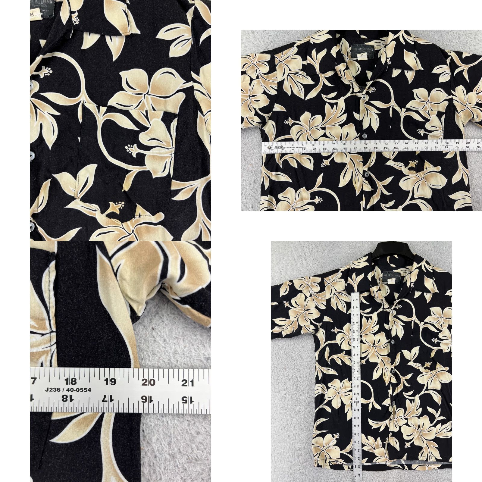 Vintage DH Creations Shirt Mens Small Black Beige Floral Hibiscus Polyester Hawaiian Size US S / EU 44-46 / 1 - 8 Thumbnail