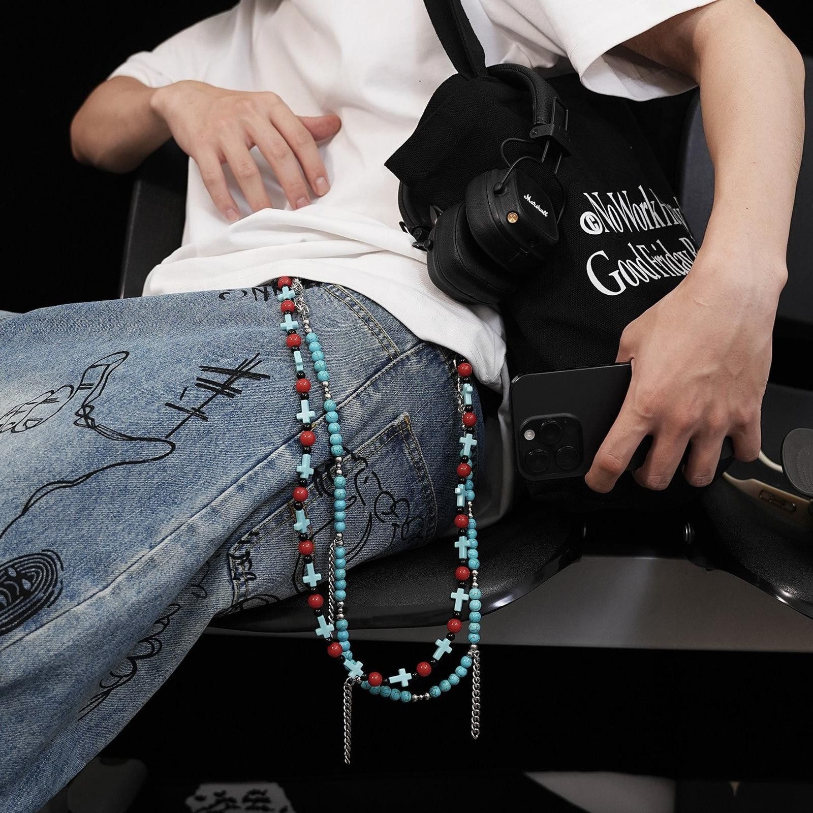 Other Turquoise Bead Pants Chain – Cross & Tassel Detail Size ONE SIZE - 3 Thumbnail