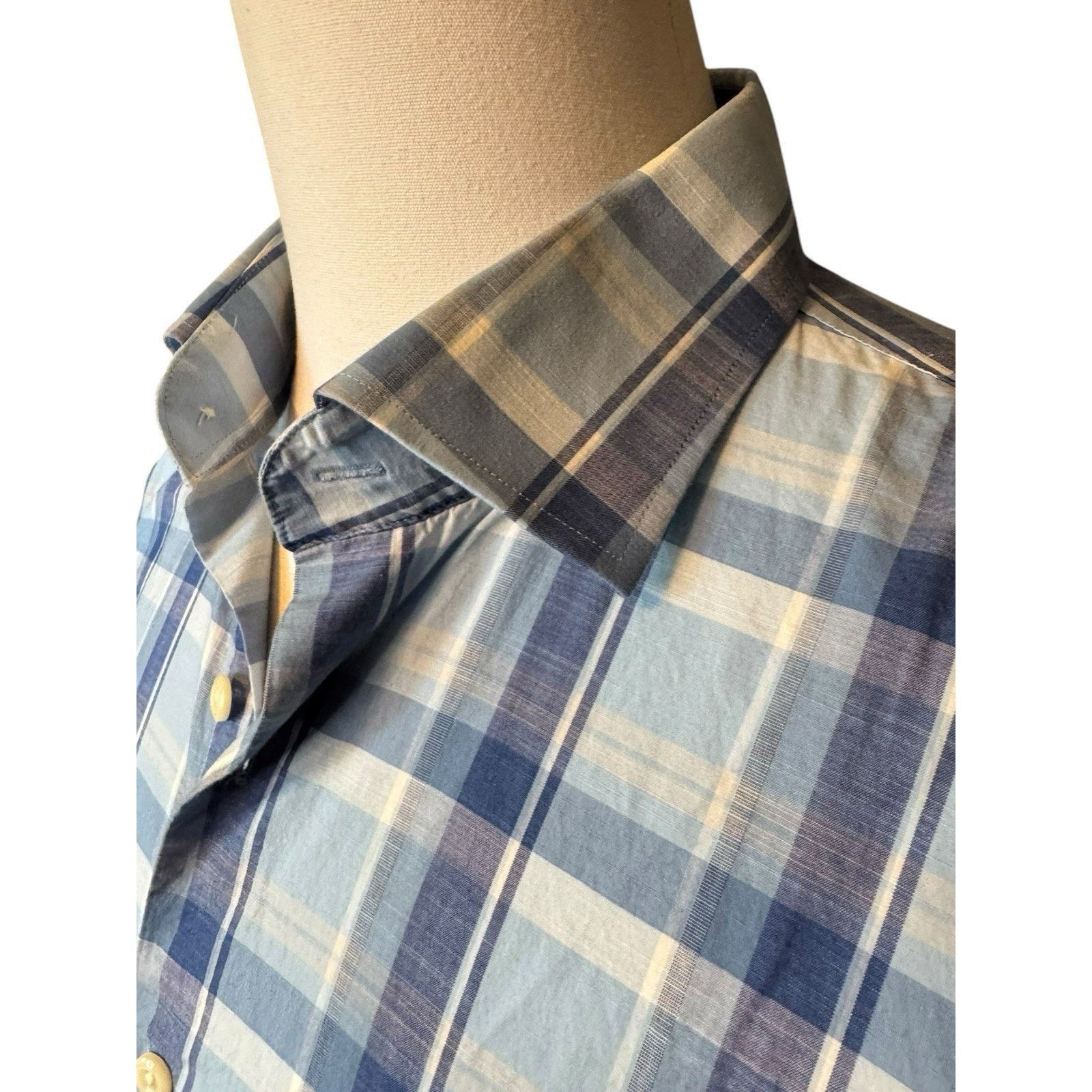 Peter Millar Peter Millar Shirt Blue Plaid Cotton/Spandex Spread Collar Size US L / EU 52-54 / 3 - 3 Thumbnail