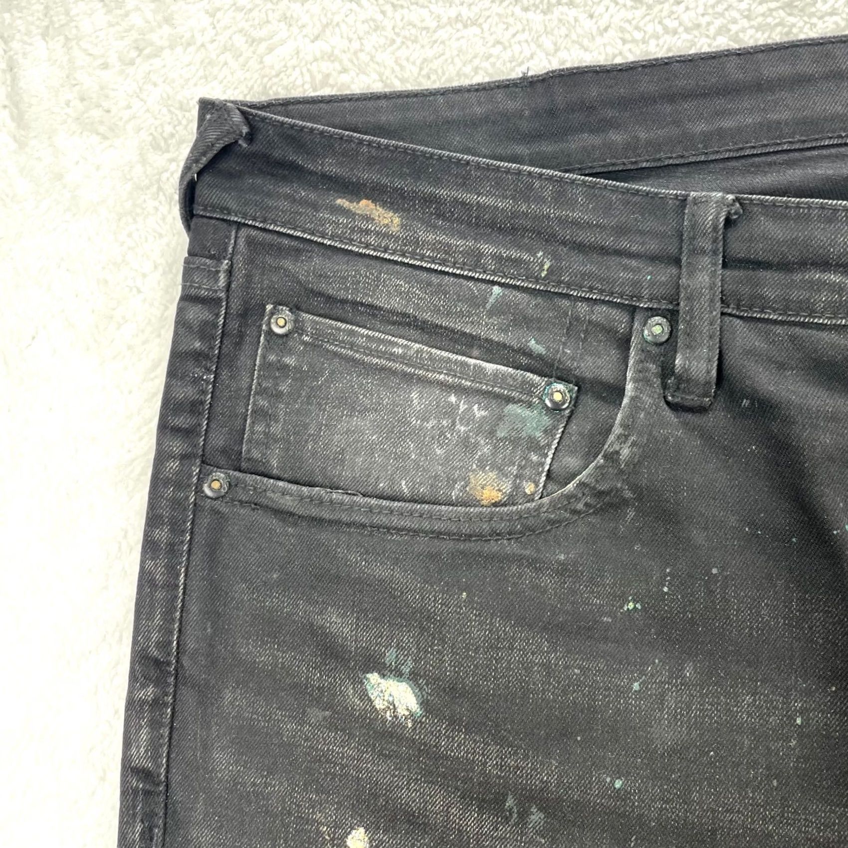 Prps PRPS Jeans Mens 44x30 Black Gold Paint Distressed Stretch Denim Straight 5-Pocket Zipper Button Regular Size US 44 / EU 60 - 6 Thumbnail