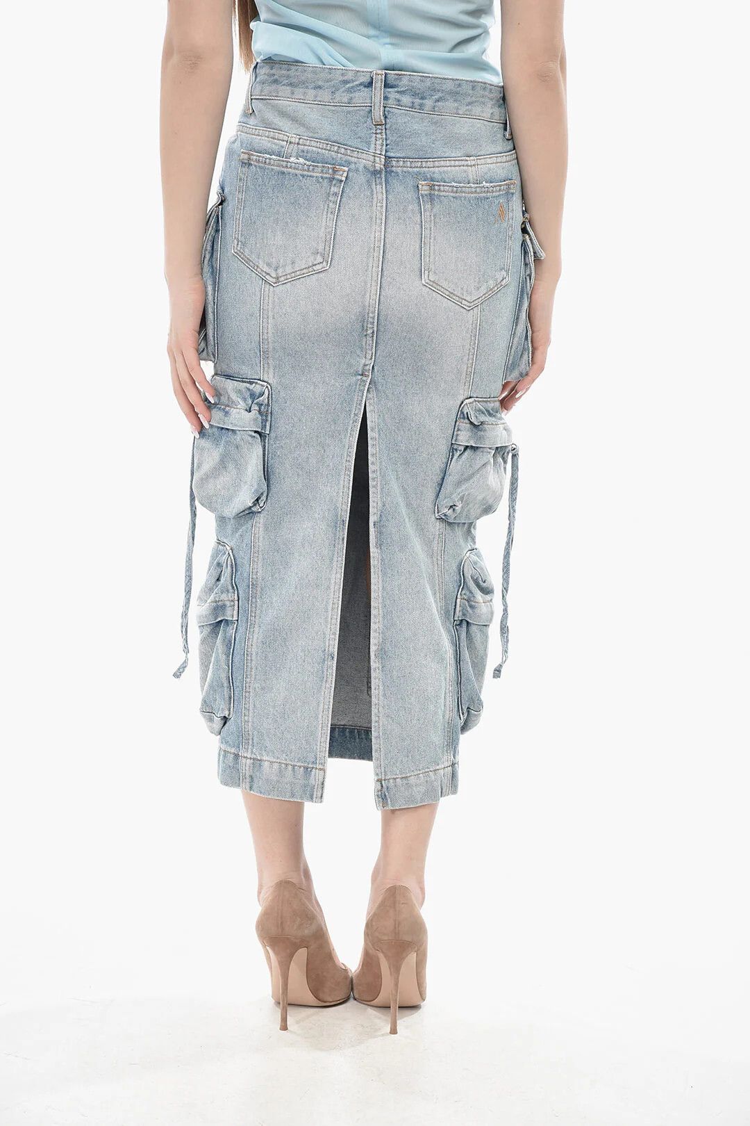 The Attico og1mm0426 Denim Midi Cargo Skirt in Light Blue Size 26" / US 2 / IT 38 - 2 Thumbnail