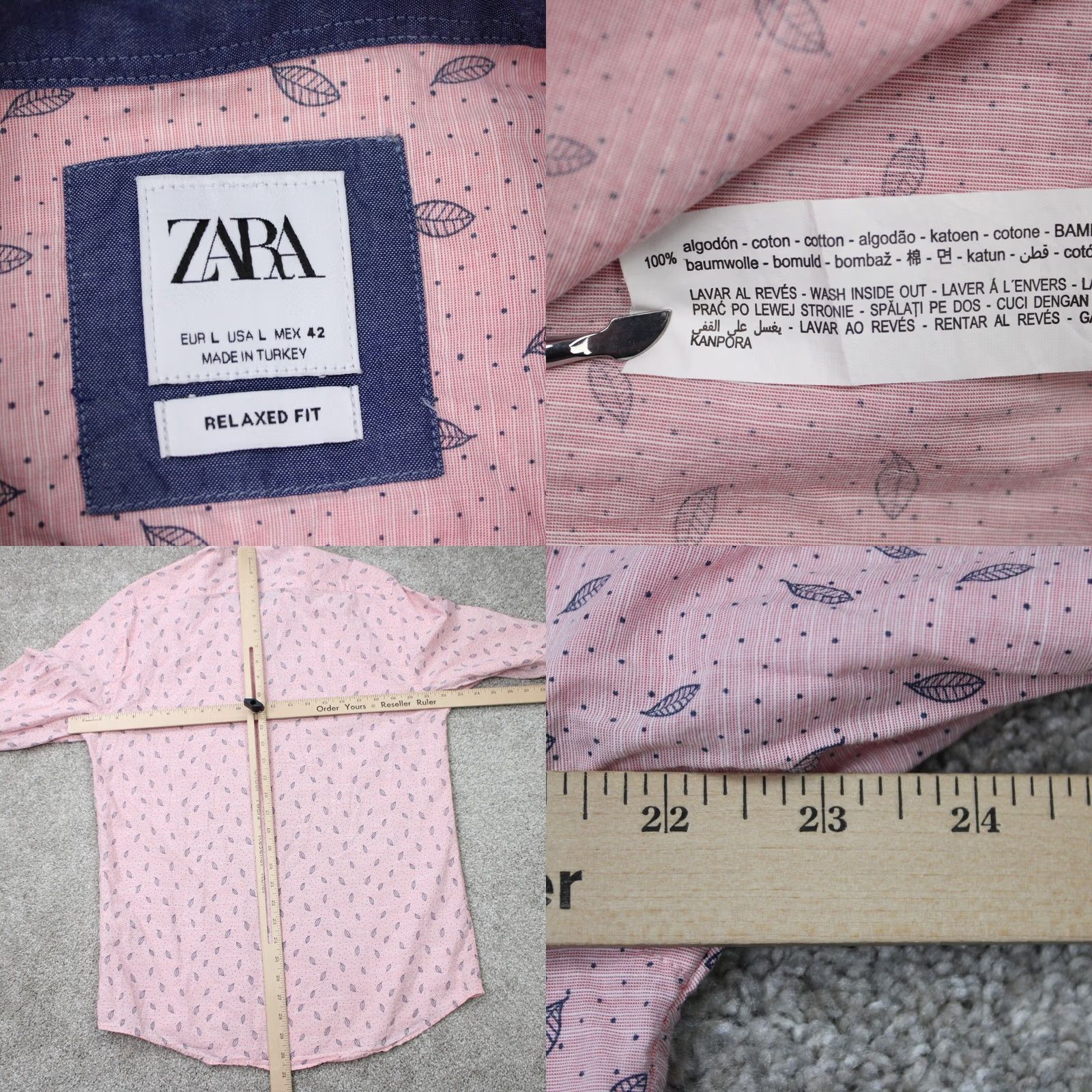 Zara Zara Shirt Mens Large Pink Relaxed Geometric AOP Button-Up Long Sleeve Cotton L/S Printed Leaves Flower Mermaid Print Holiday Casual Daywear Size US L / EU 52-54 / 3 - 8 Thumbnail