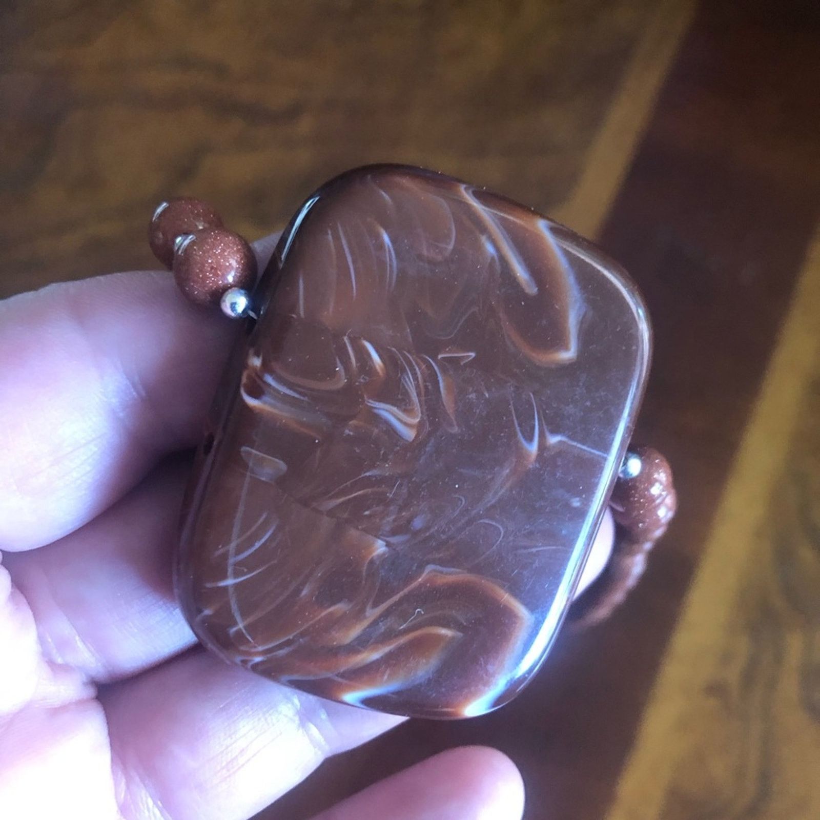 Handmade Handcrafted large marble medallion goldstone bead necklac Size ONE SIZE - 12 Thumbnail