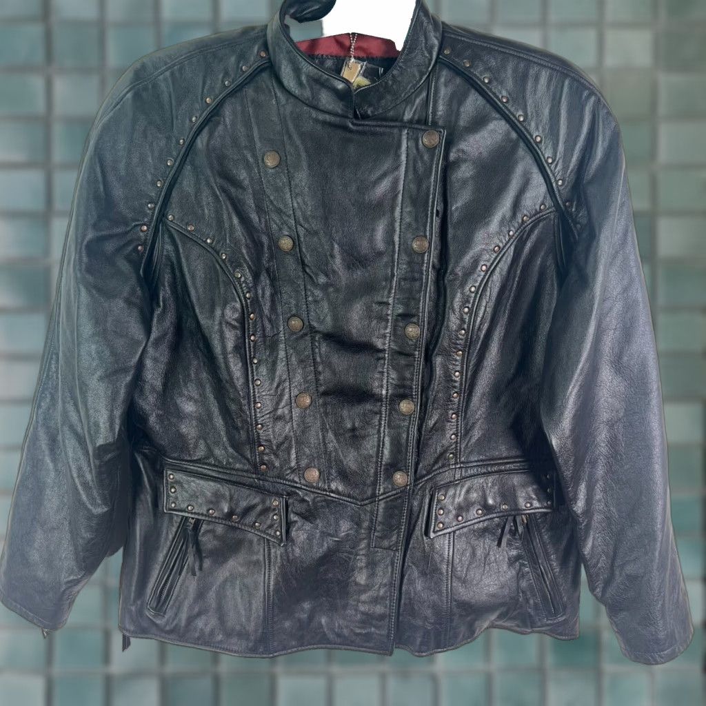 Harley Davidson Harley-Davidson Motorcycle Leather Rivet Jacket Women's Size M Chest 54 Black Logo Studded Zipper Satin Lined Mid-Length Pockets Size M / US 6-8 / IT 42-44 - 1 Thumbnail