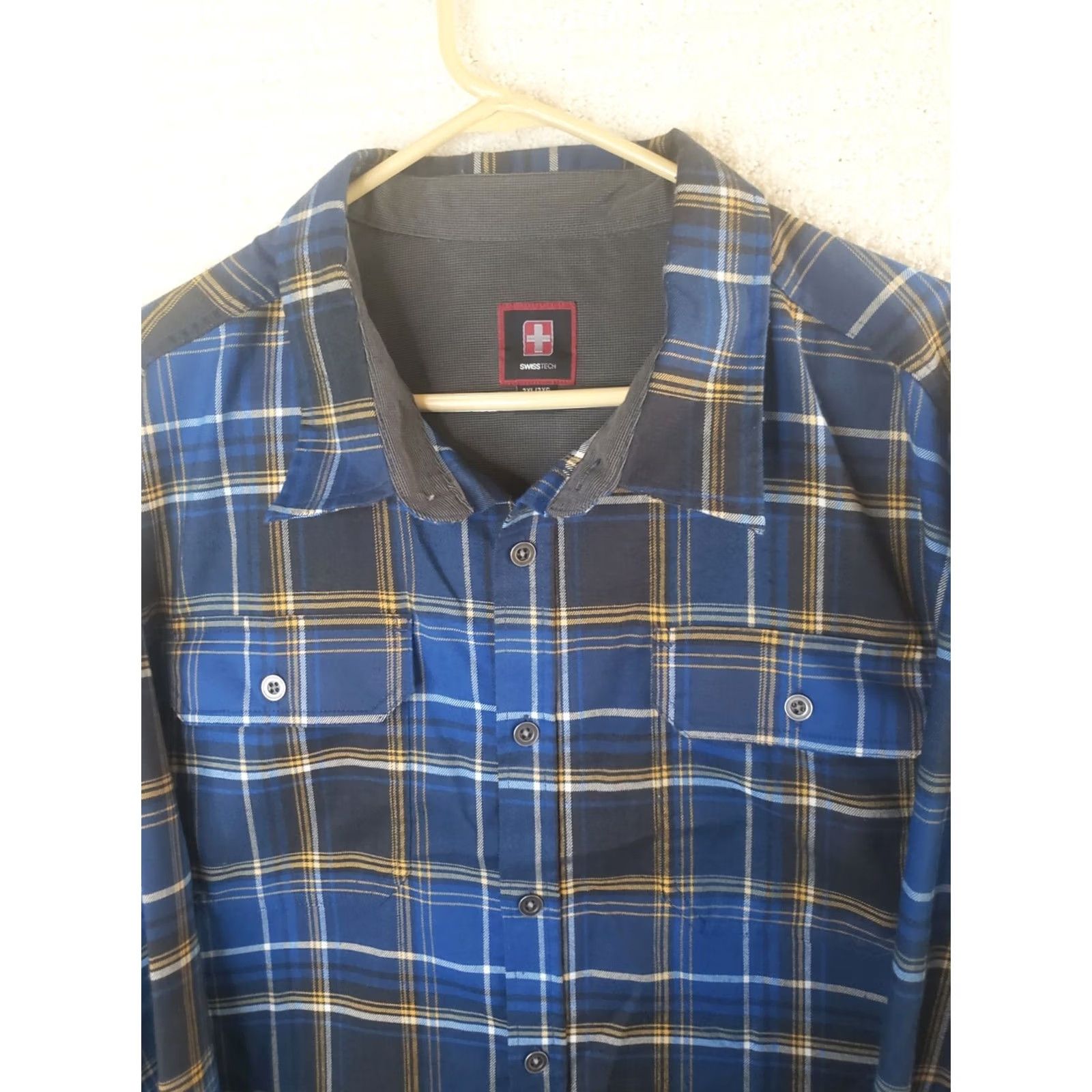 Vintage SwissTech Shirt Blue Plaid Button-Down 3XL Mens Long Sleeve Outdoor Casual Travel Lightweight Woven Spandex Pocket Size US XXL / EU 58 / 5 - 3 Thumbnail