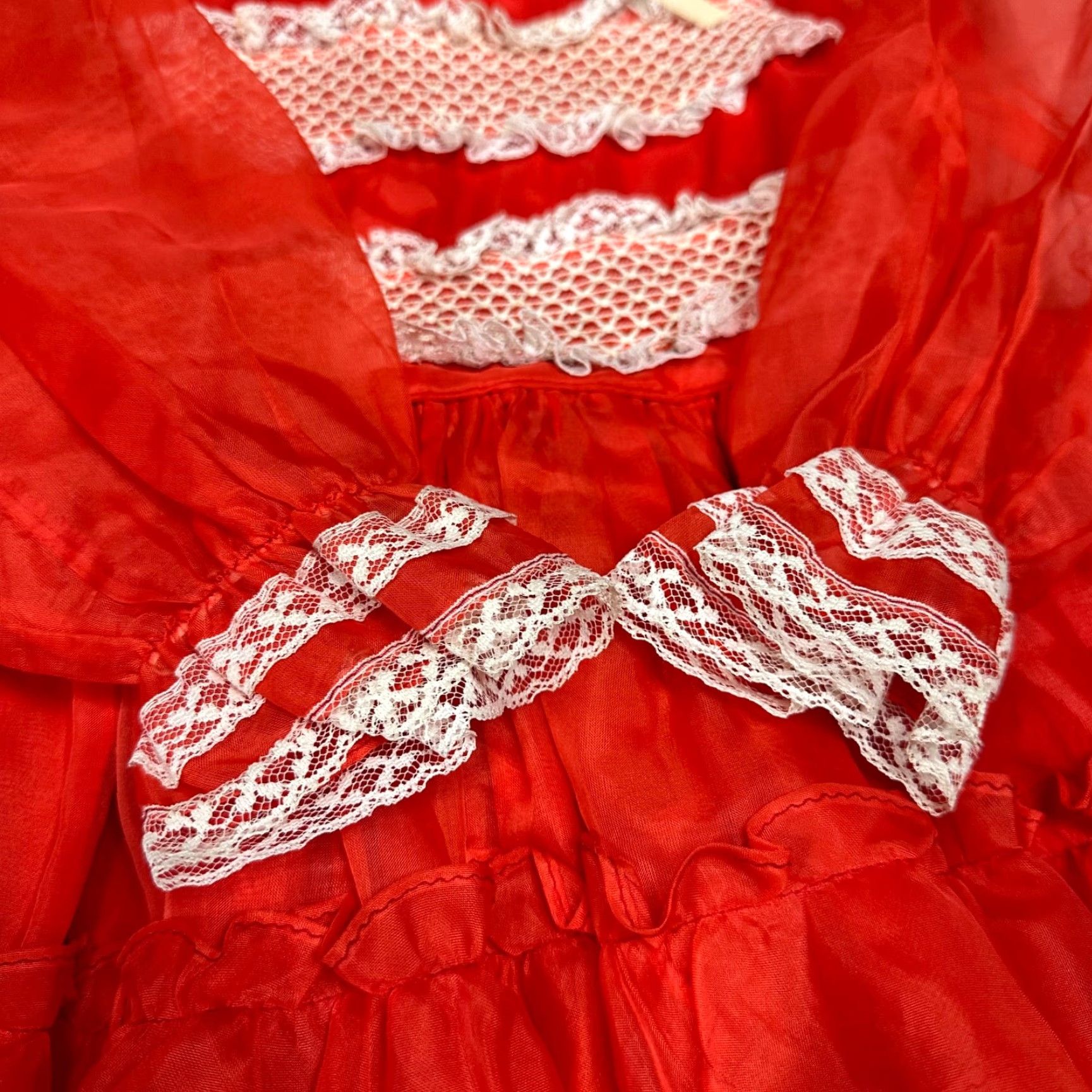 Vintage Vtg Martha's Miniatures Girls Ruffled Circle Dress Size 6 Red Lace Trim Long Slv Size ONE SIZE - 6 Thumbnail